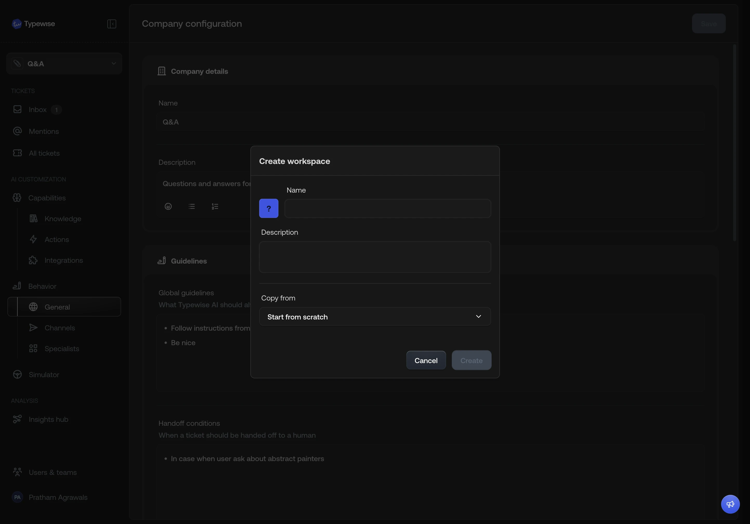 Create workspace dialog — start from scratch