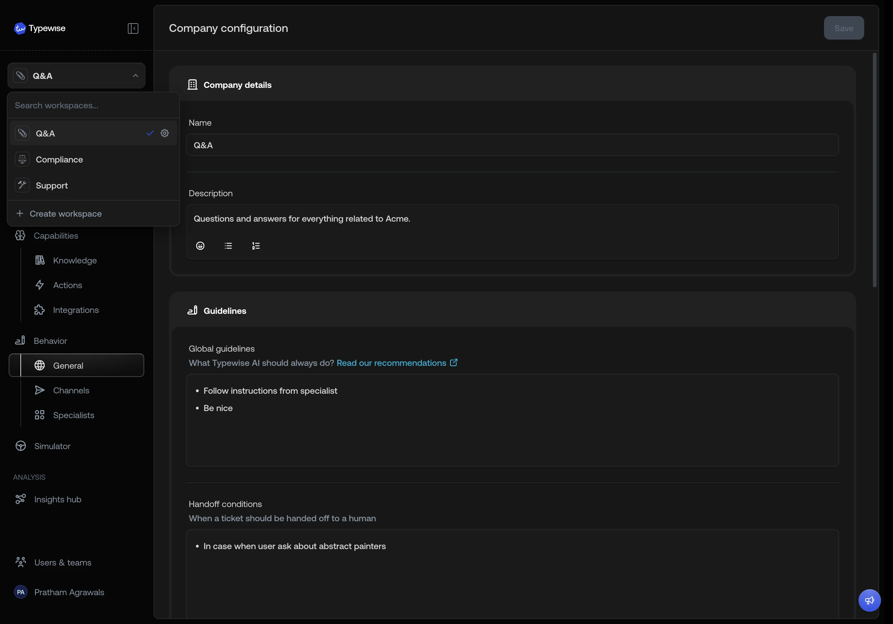 Workspace selector in the sidebar