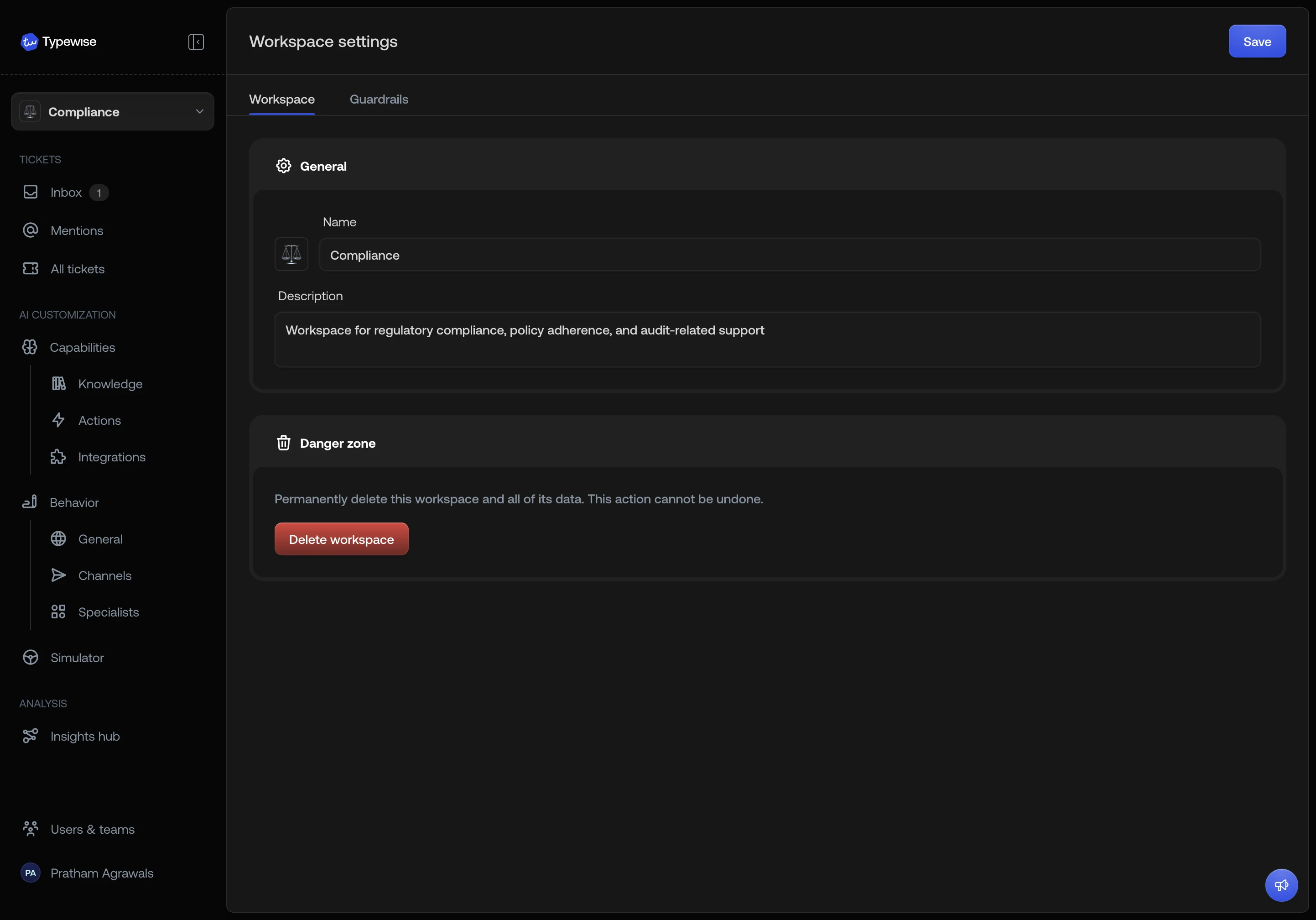 Workspace settings — General tab