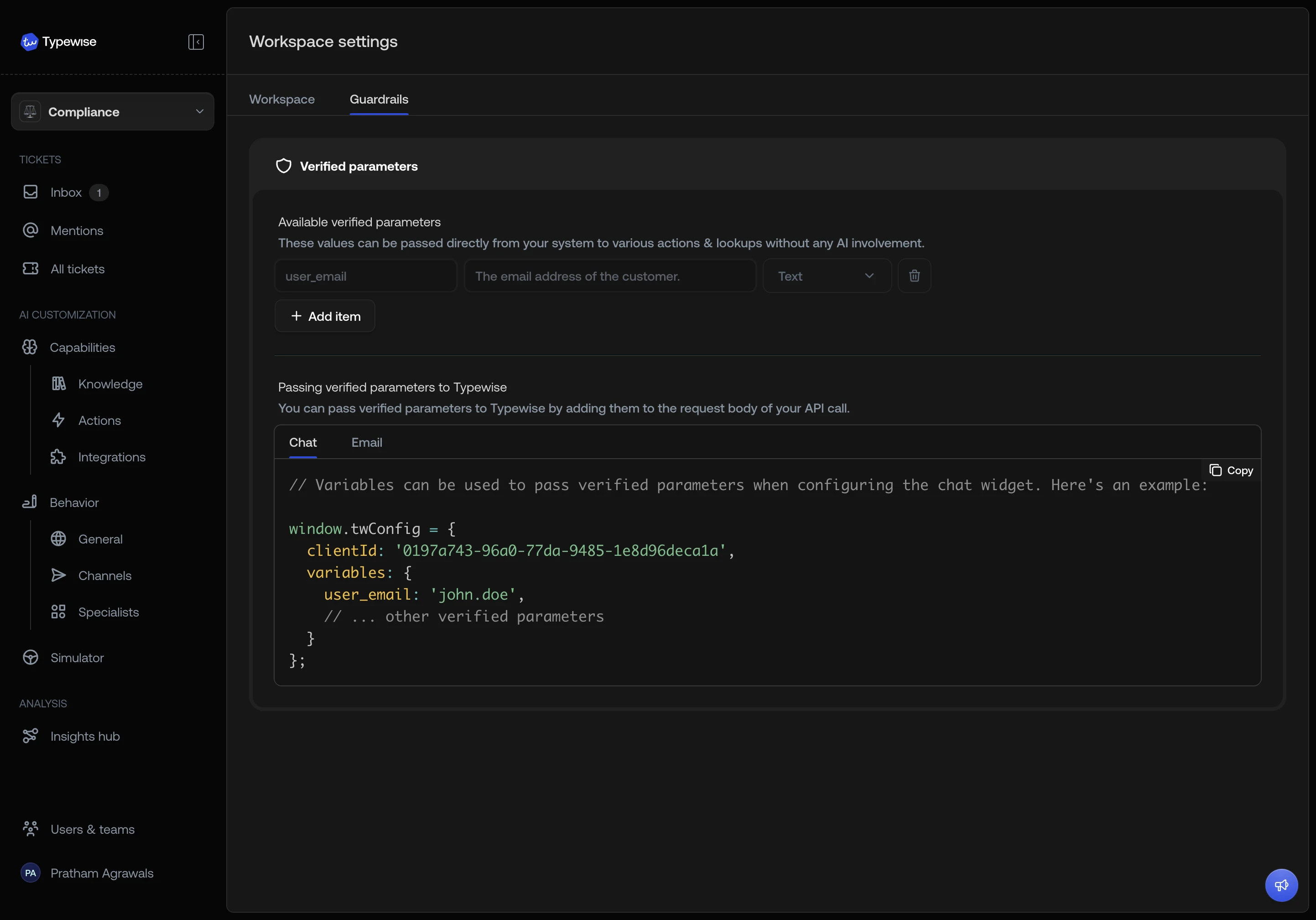Workspace settings — Guardrails tab