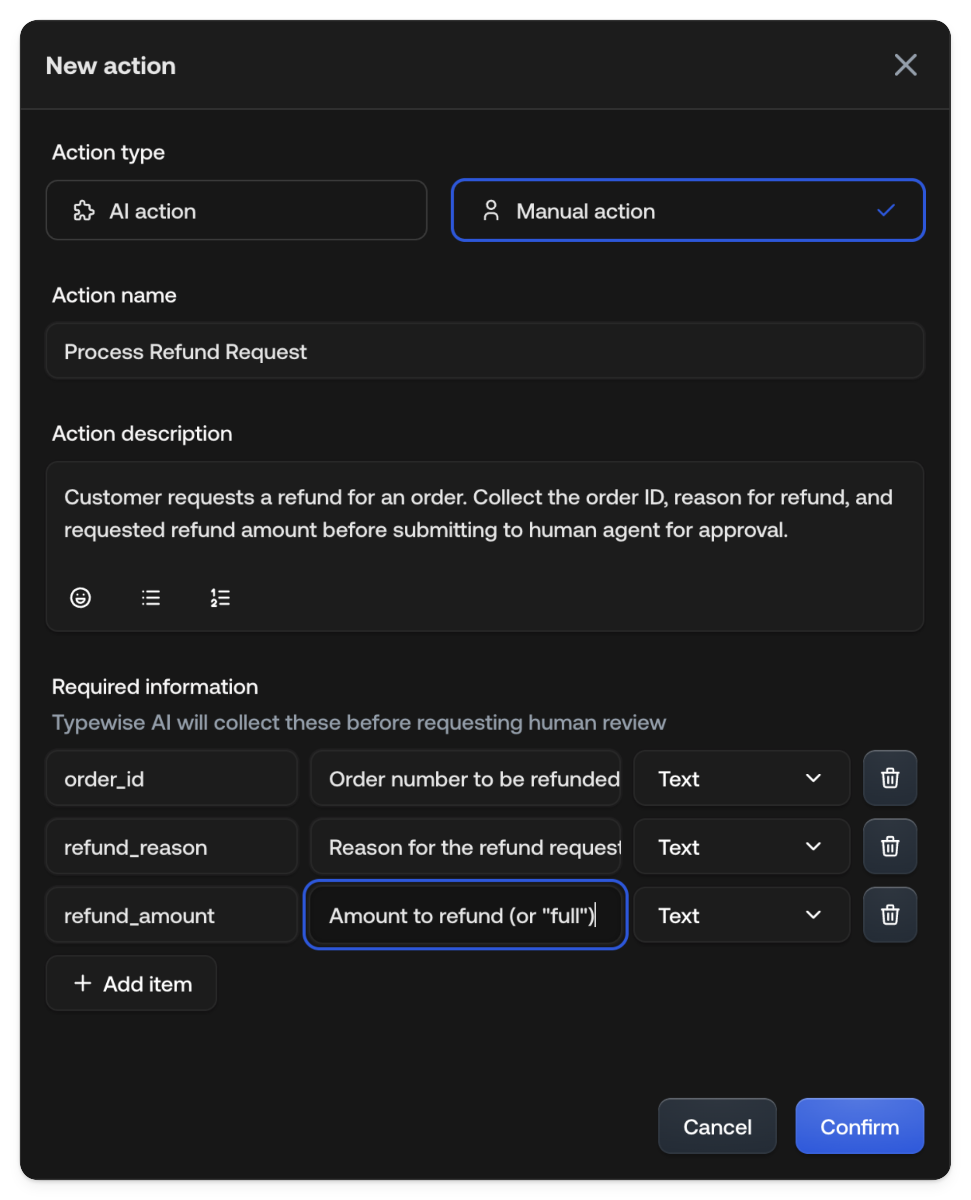 Manual action configuration form