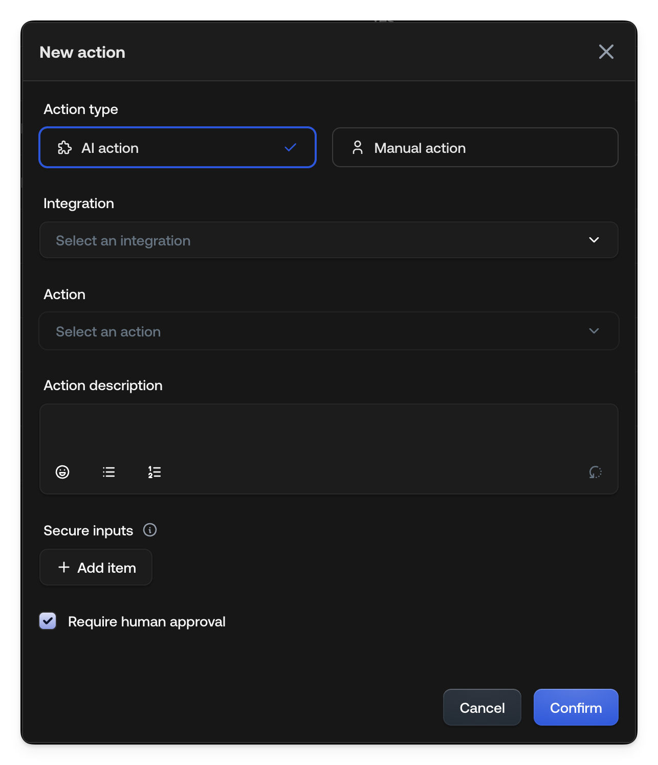 New action type selection