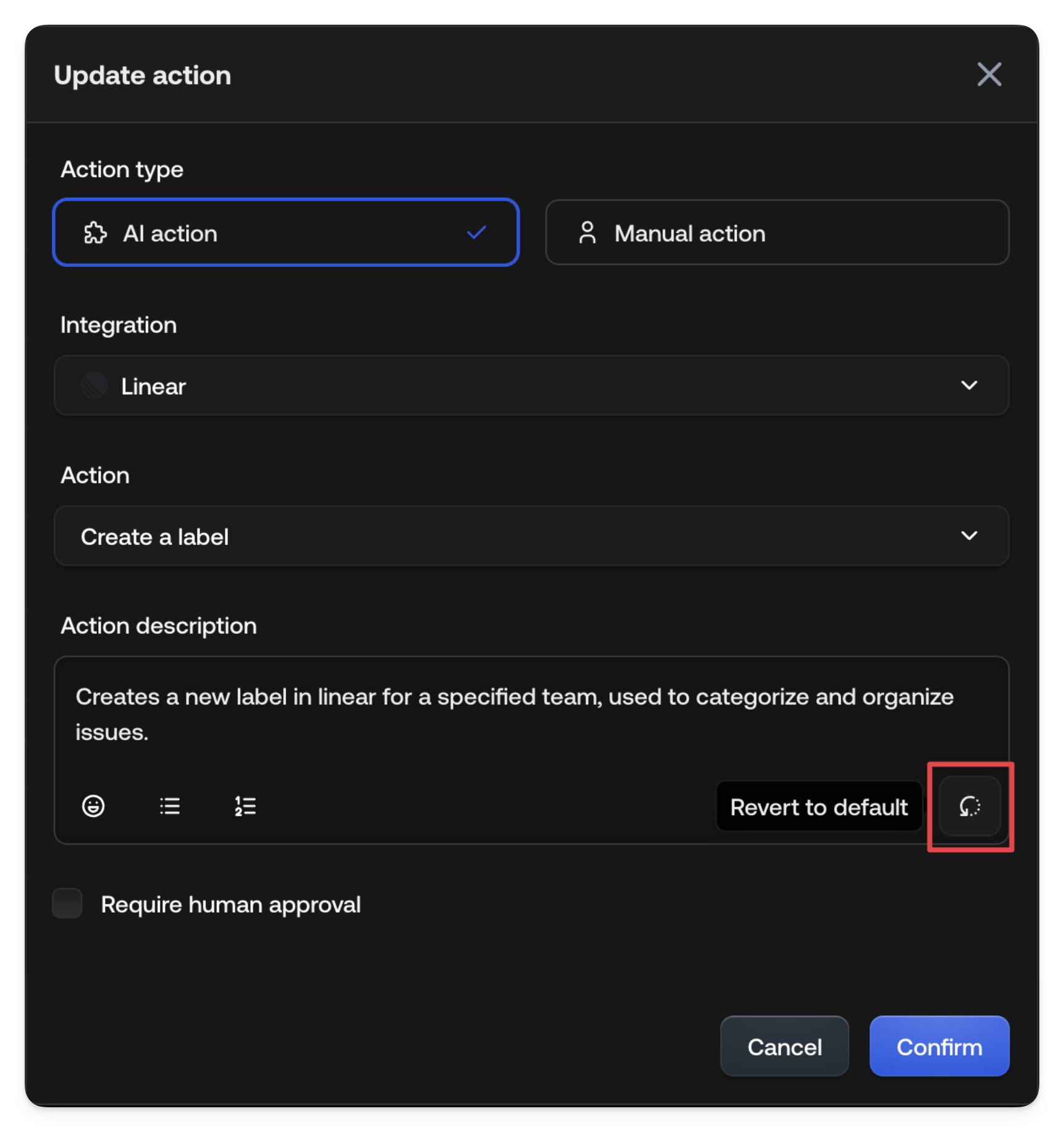 Update action description