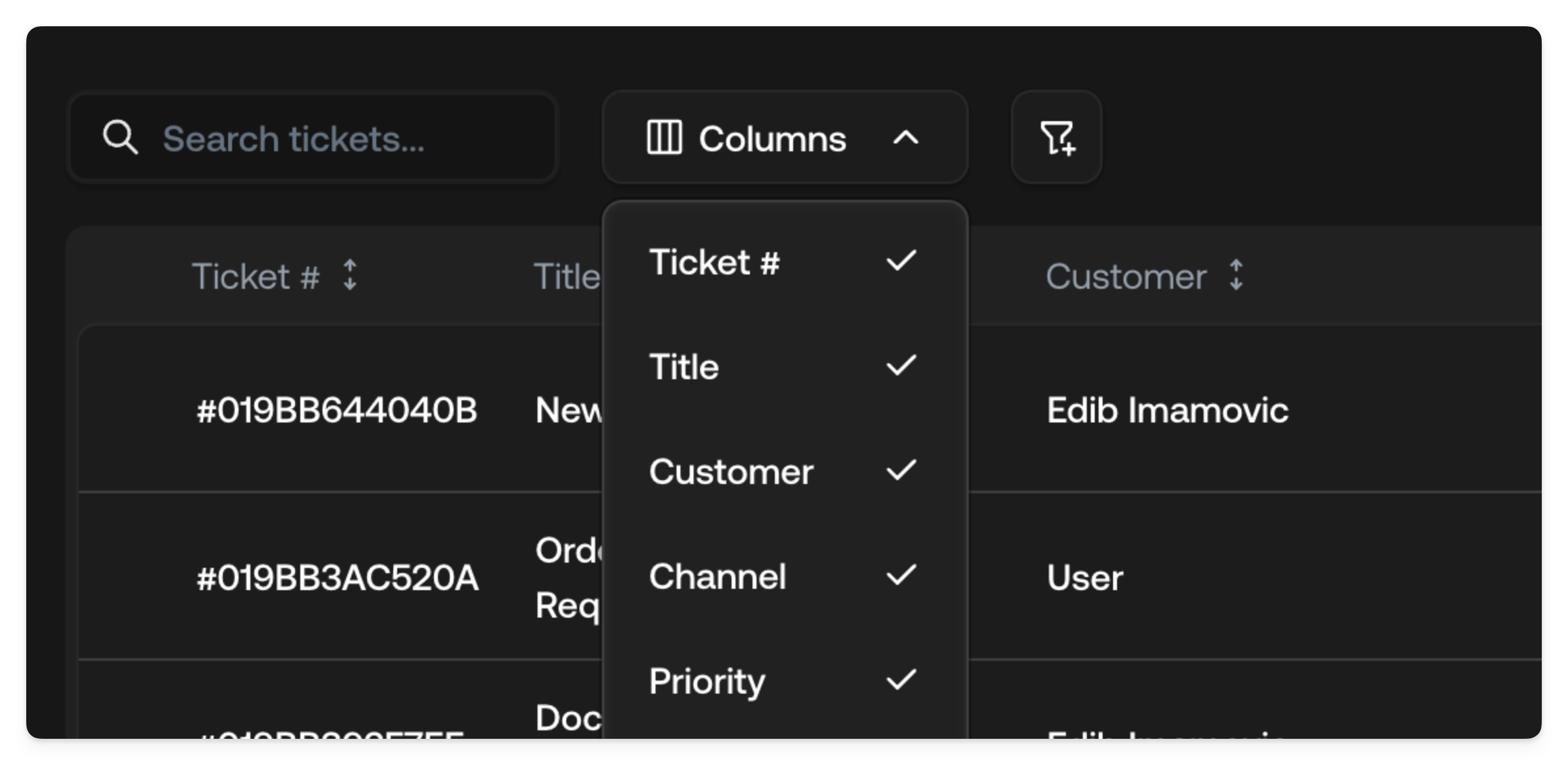 Screenshot of column visibility