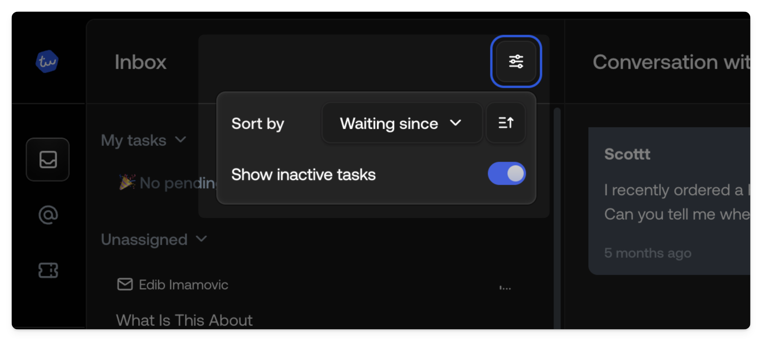 Screenshot of inbox sorting and filtering