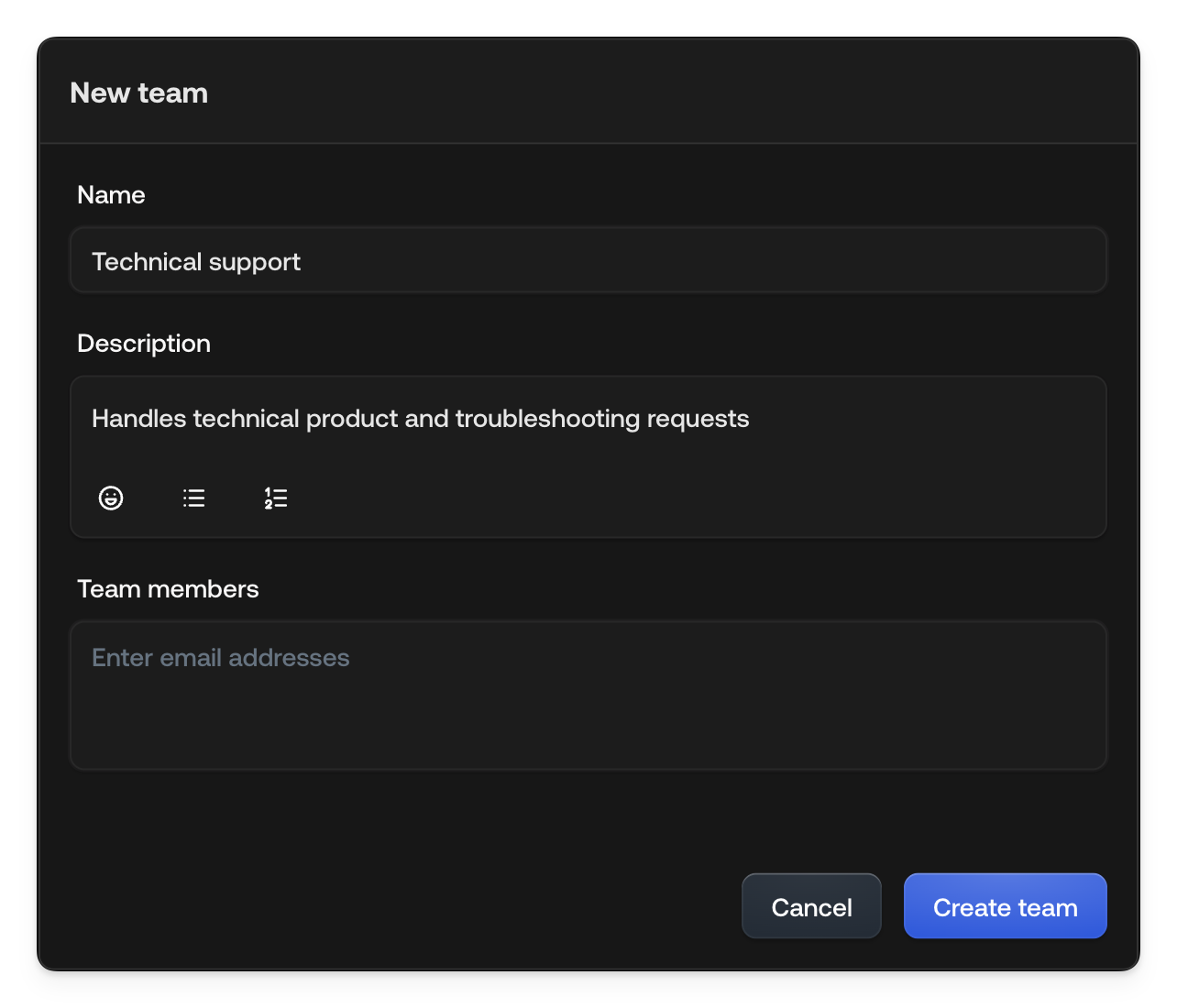 Create Team Interface