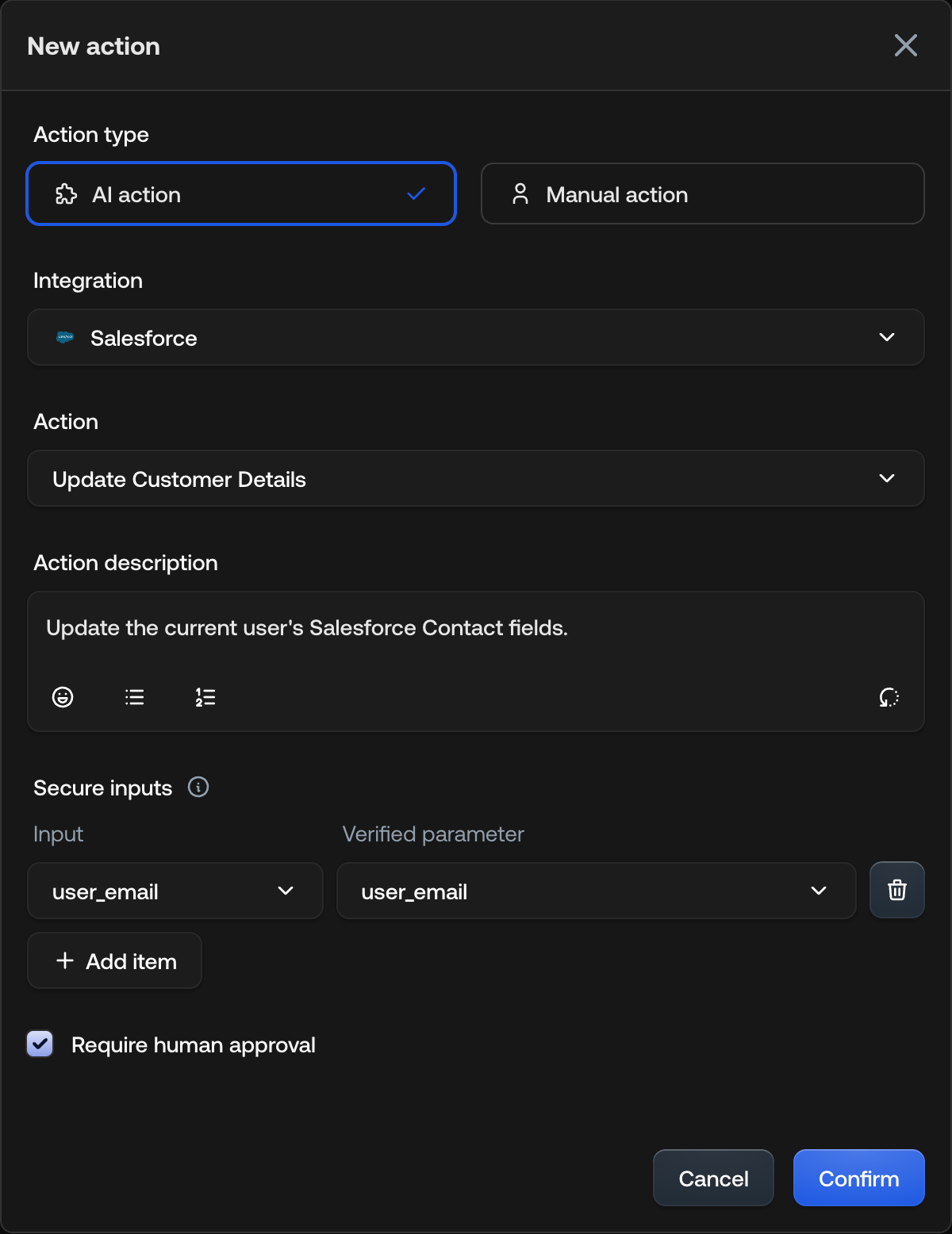 AI action configuration form