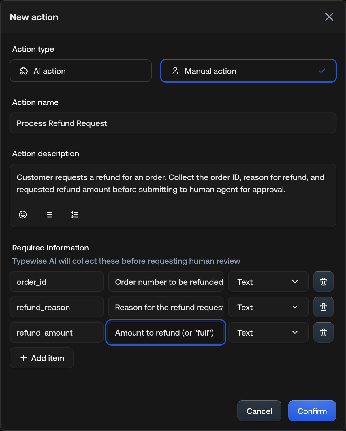 Manual action configuration form
