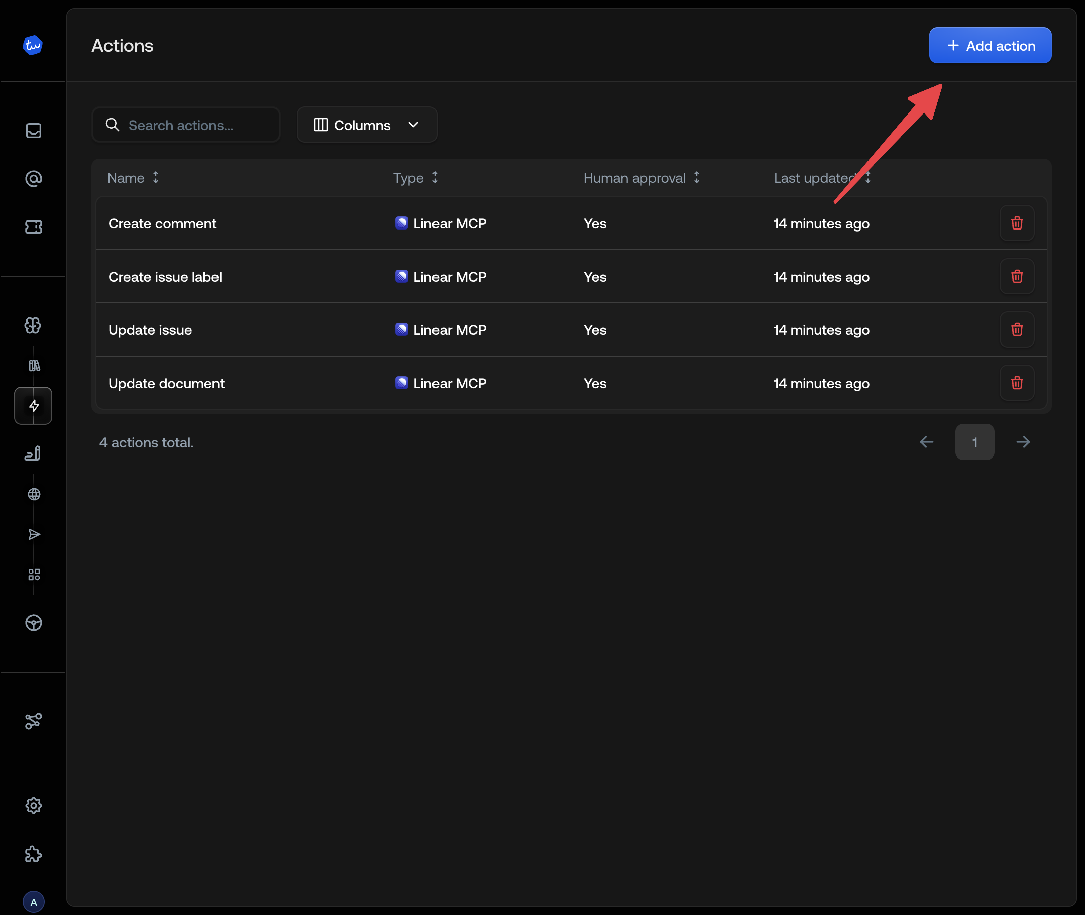 Add action button in Actions hub