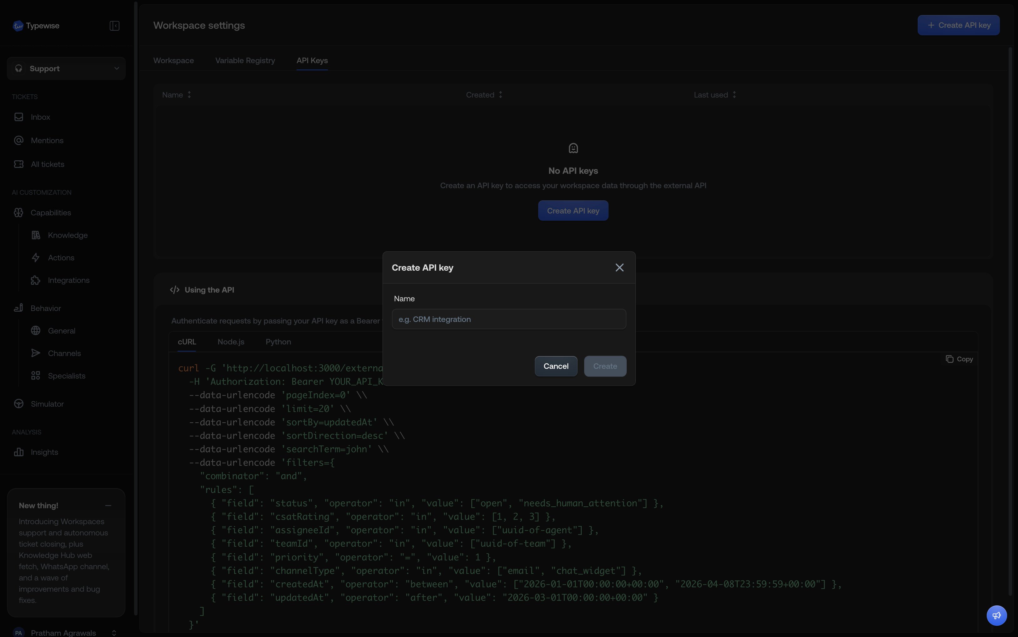 Create API key dialog