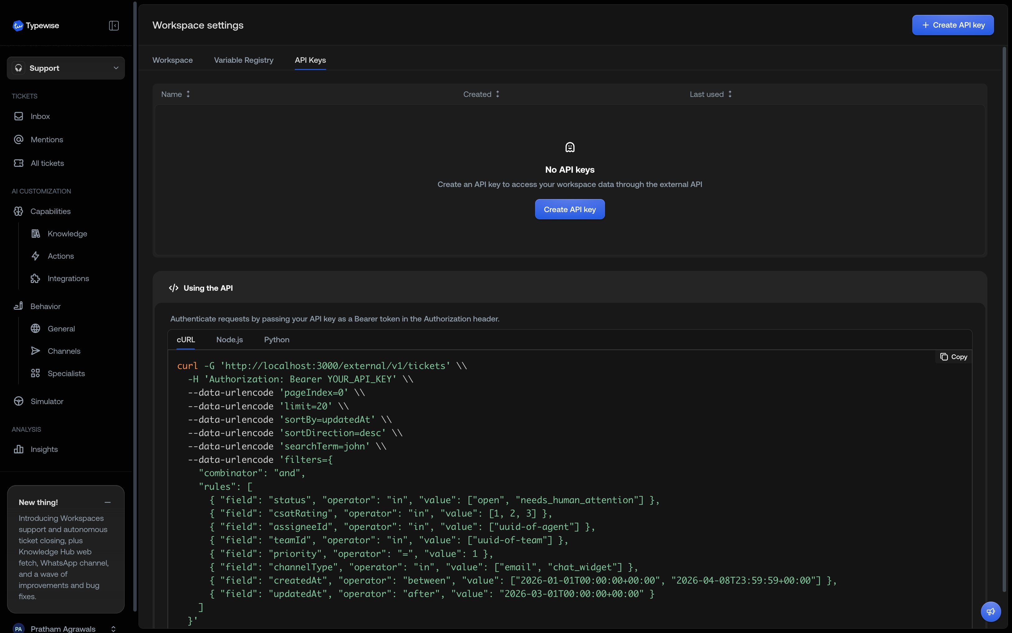 API Keys tab in Workspace Settings