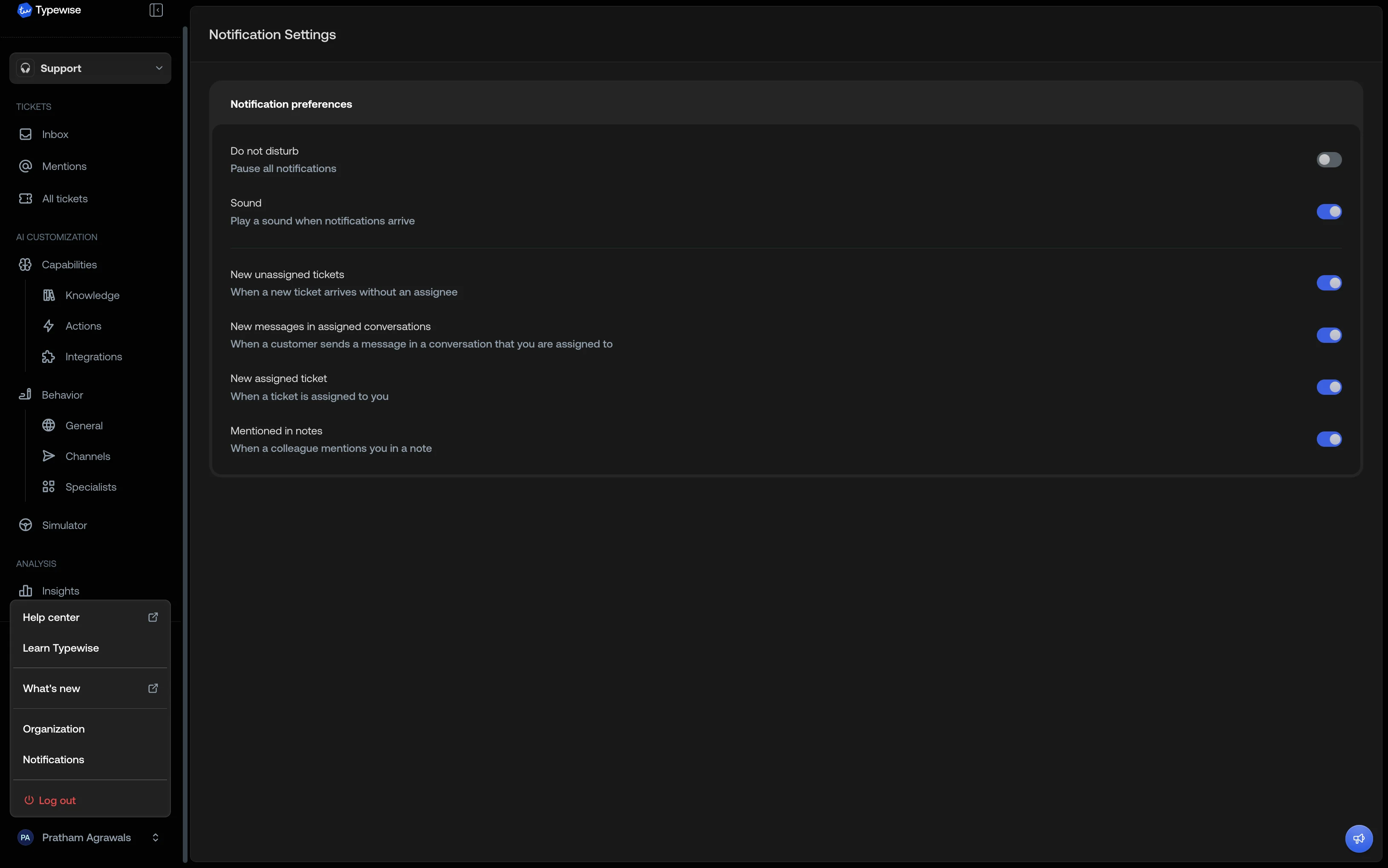 User menu with Notifications