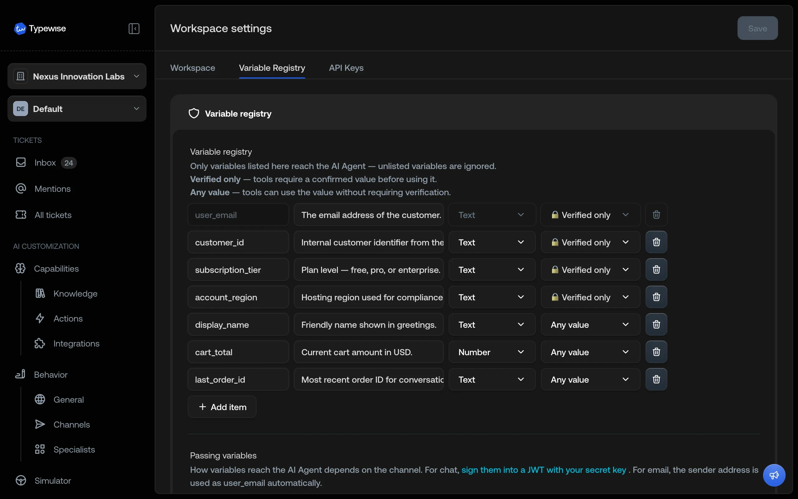 Workspace settings: Context Variables tab