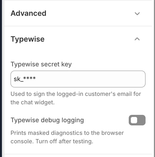 Typewise group in Shopify theme settings