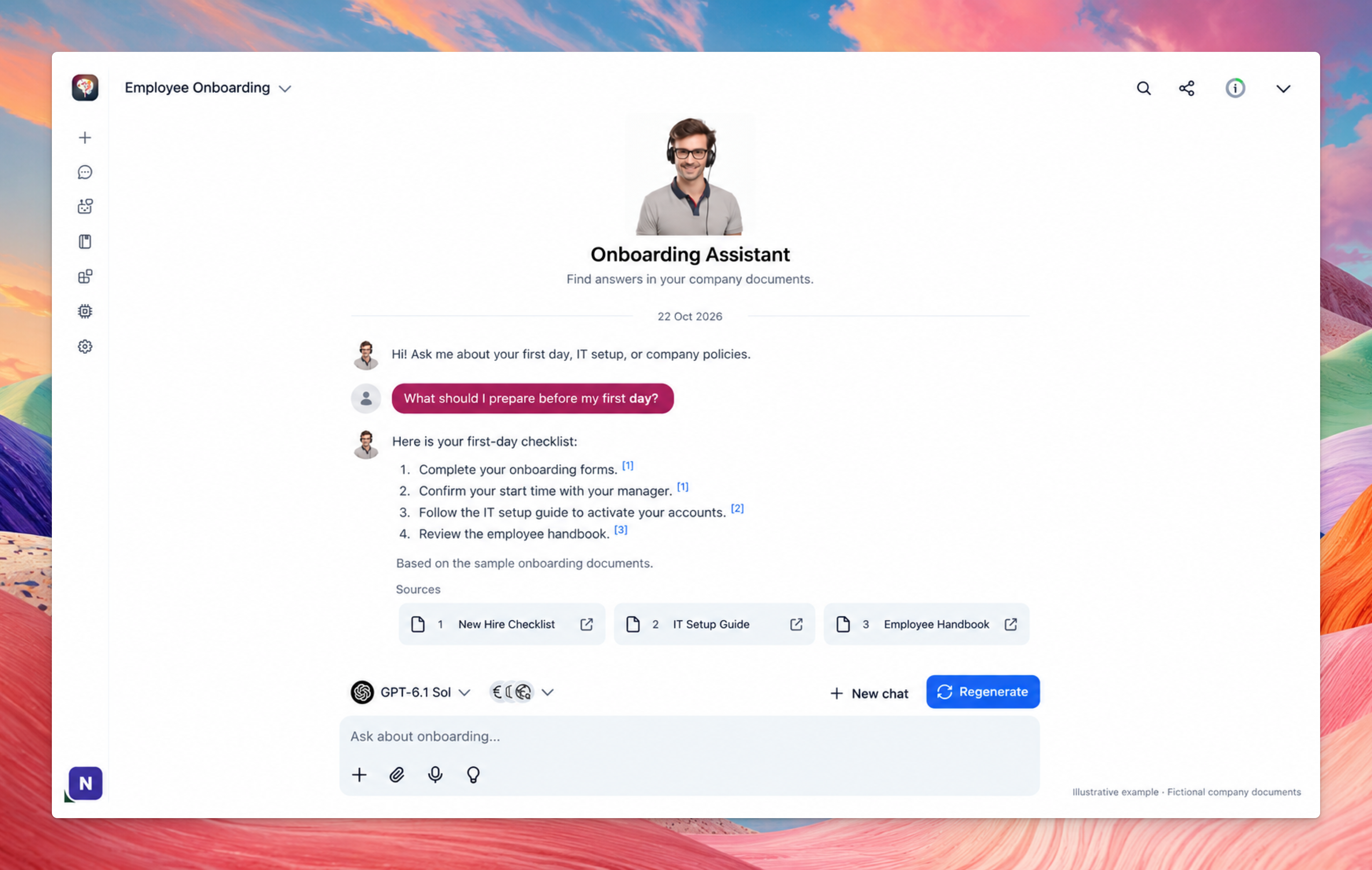 An onboarding assistant in TypingMind Teams answering a question using company documents.