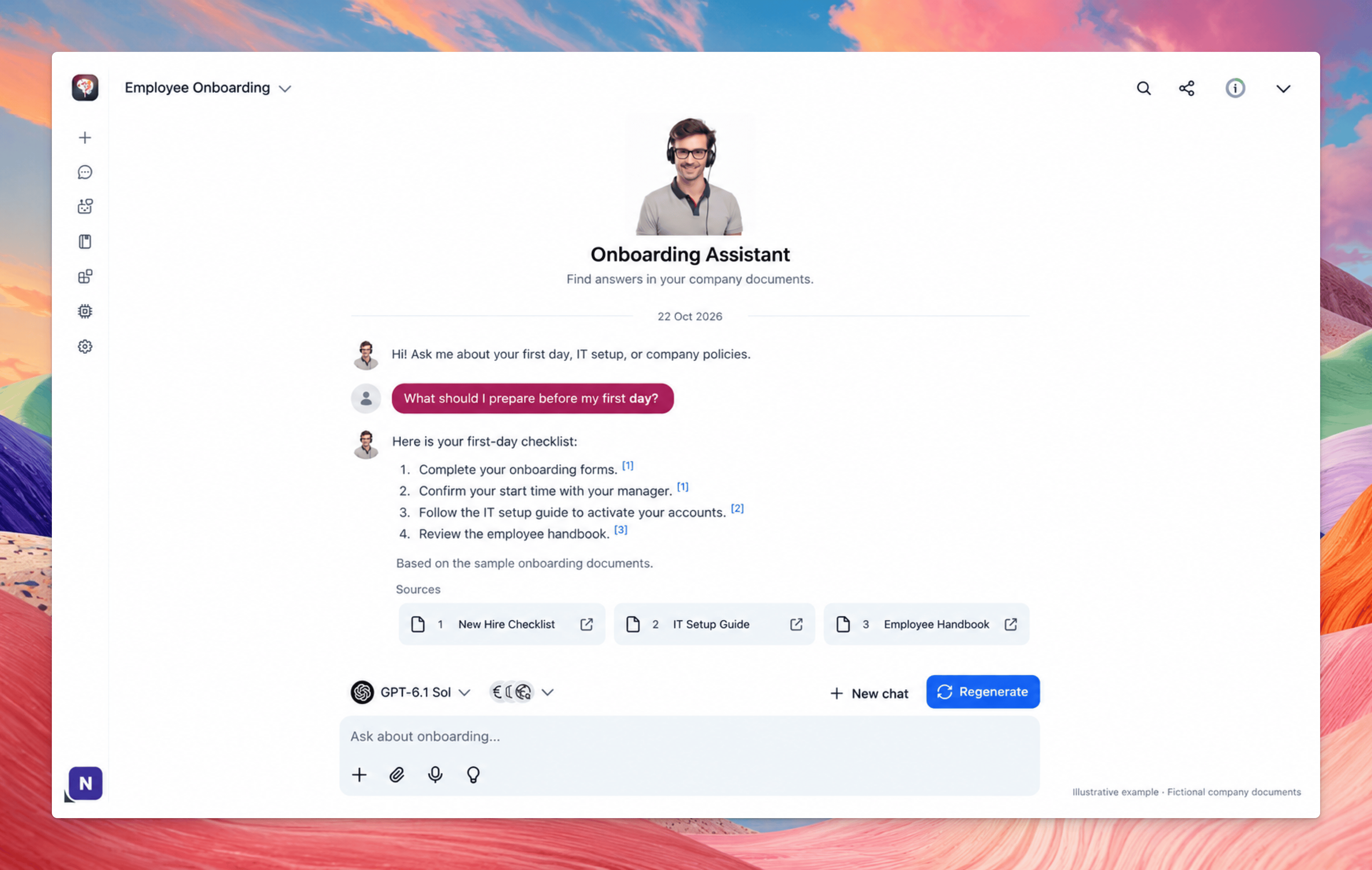 An onboarding assistant in TypingMind Teams answering a question using company documents.