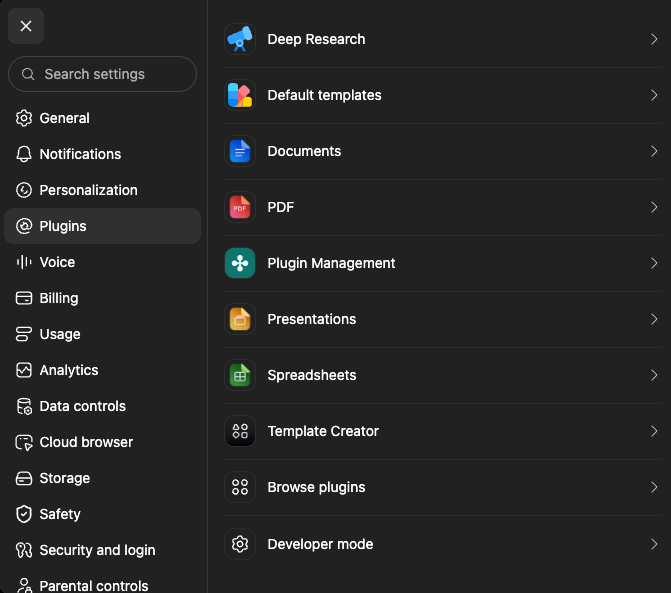 ChatGPT Settings with Plugins selected and Developer mode at the bottom