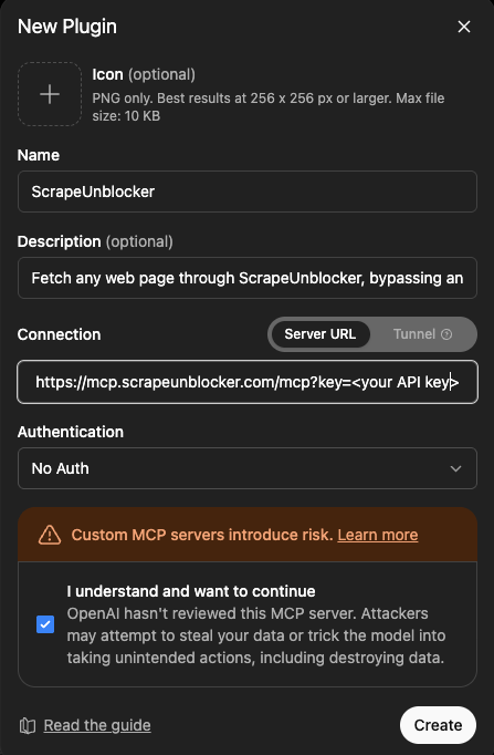 Filled New Plugin form with No Auth