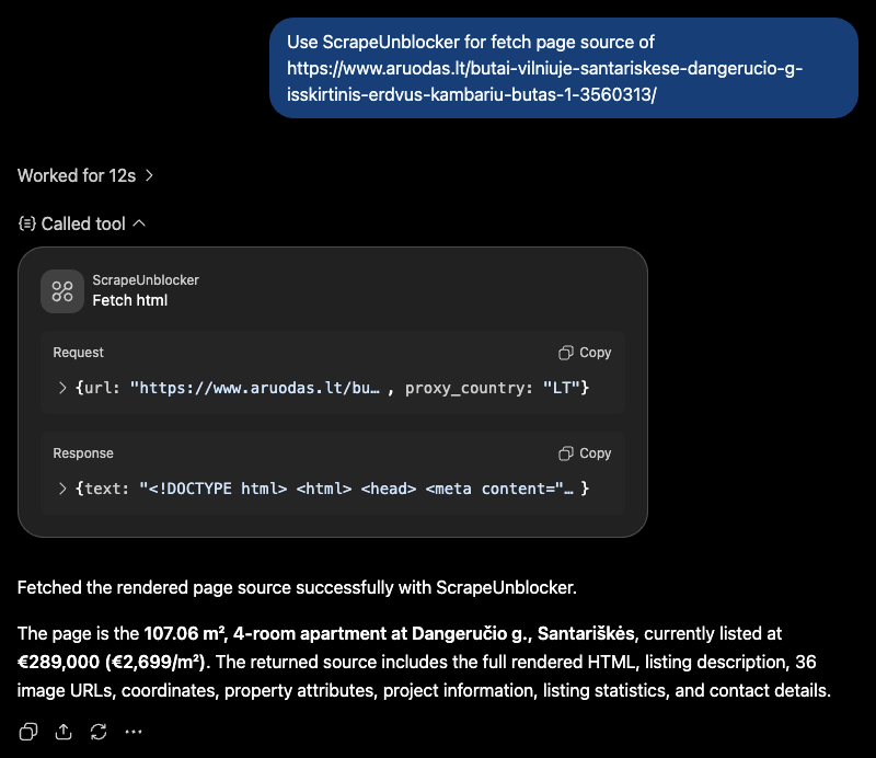 ChatGPT calling the ScrapeUnblocker fetch_html tool in a chat