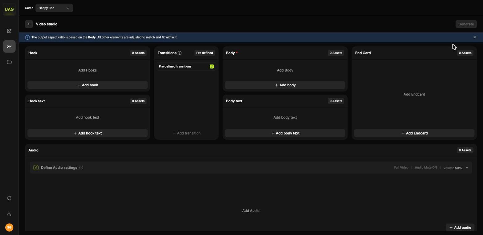 The Video Studio composer with its Hook, Transitions, Body, End Card and Audio columns