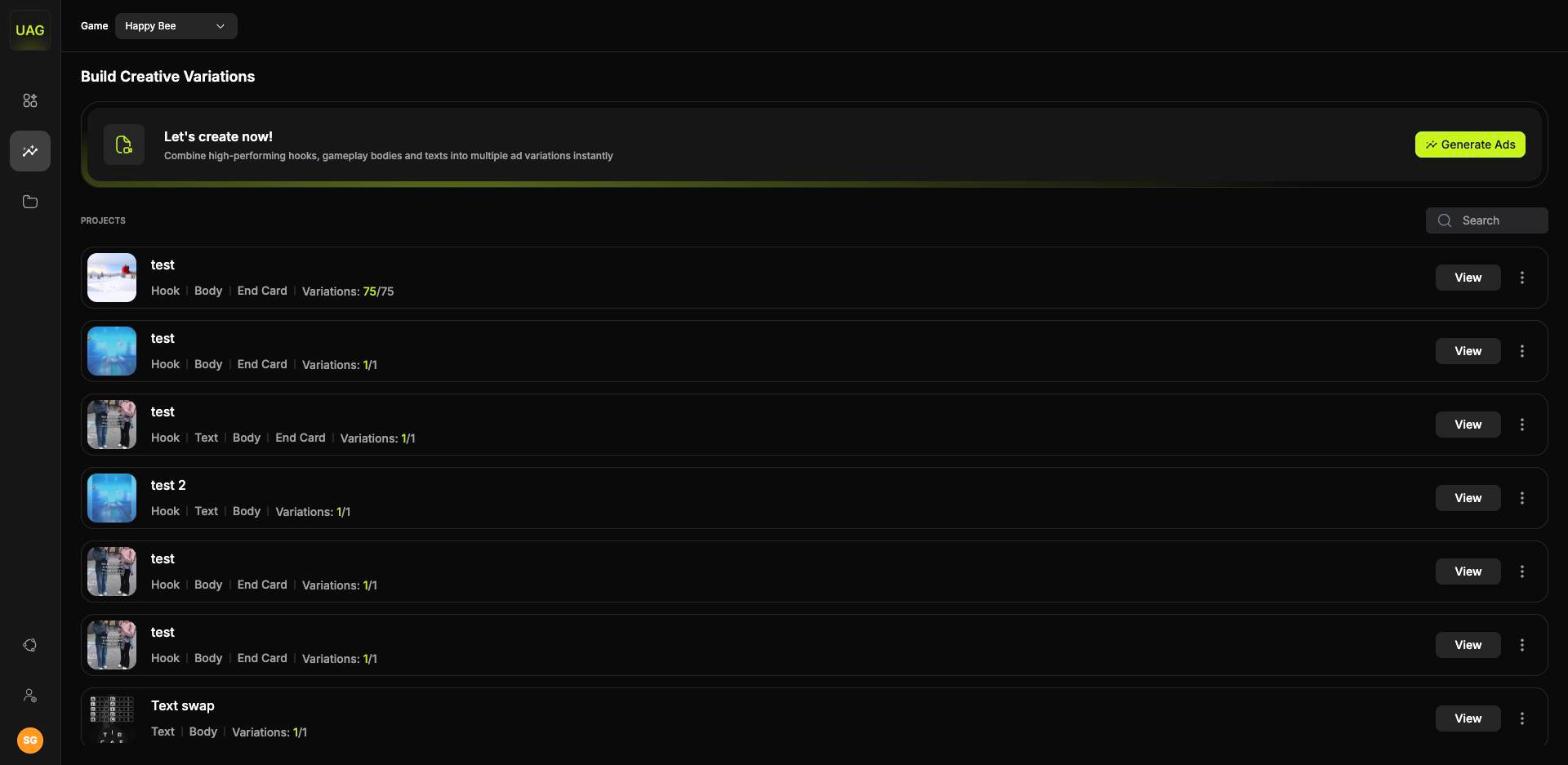 The Build Creative Variations page listing existing projects with their variation counts