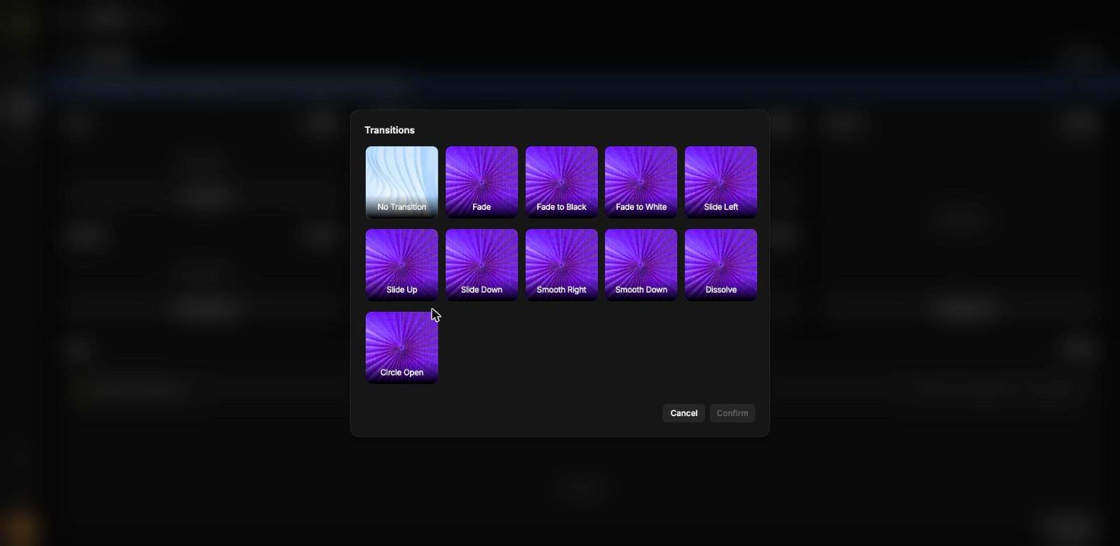 The Transitions picker showing all eleven options