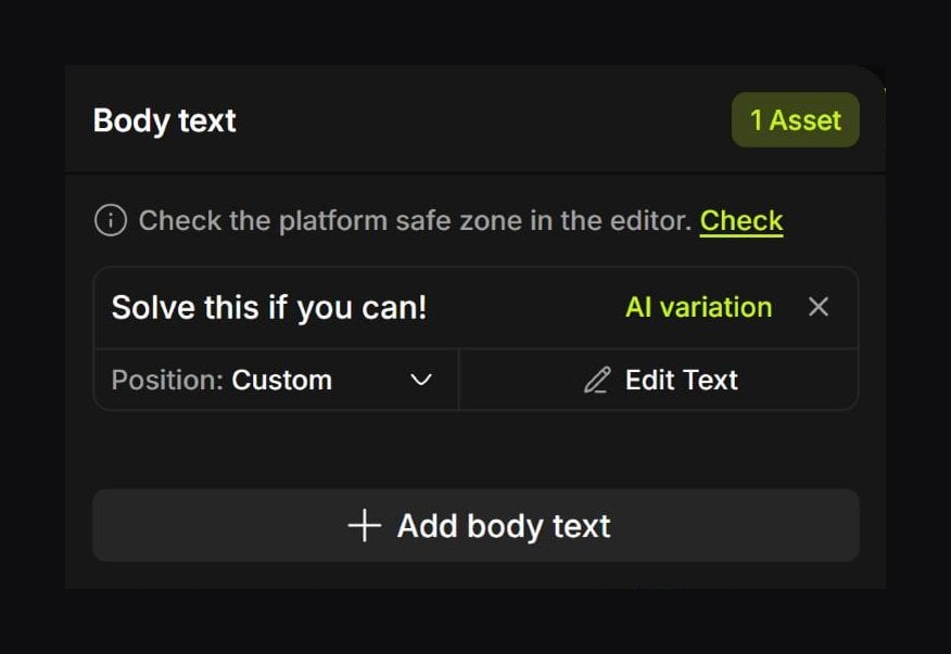 The Body text panel with the Check the platform safe zone note