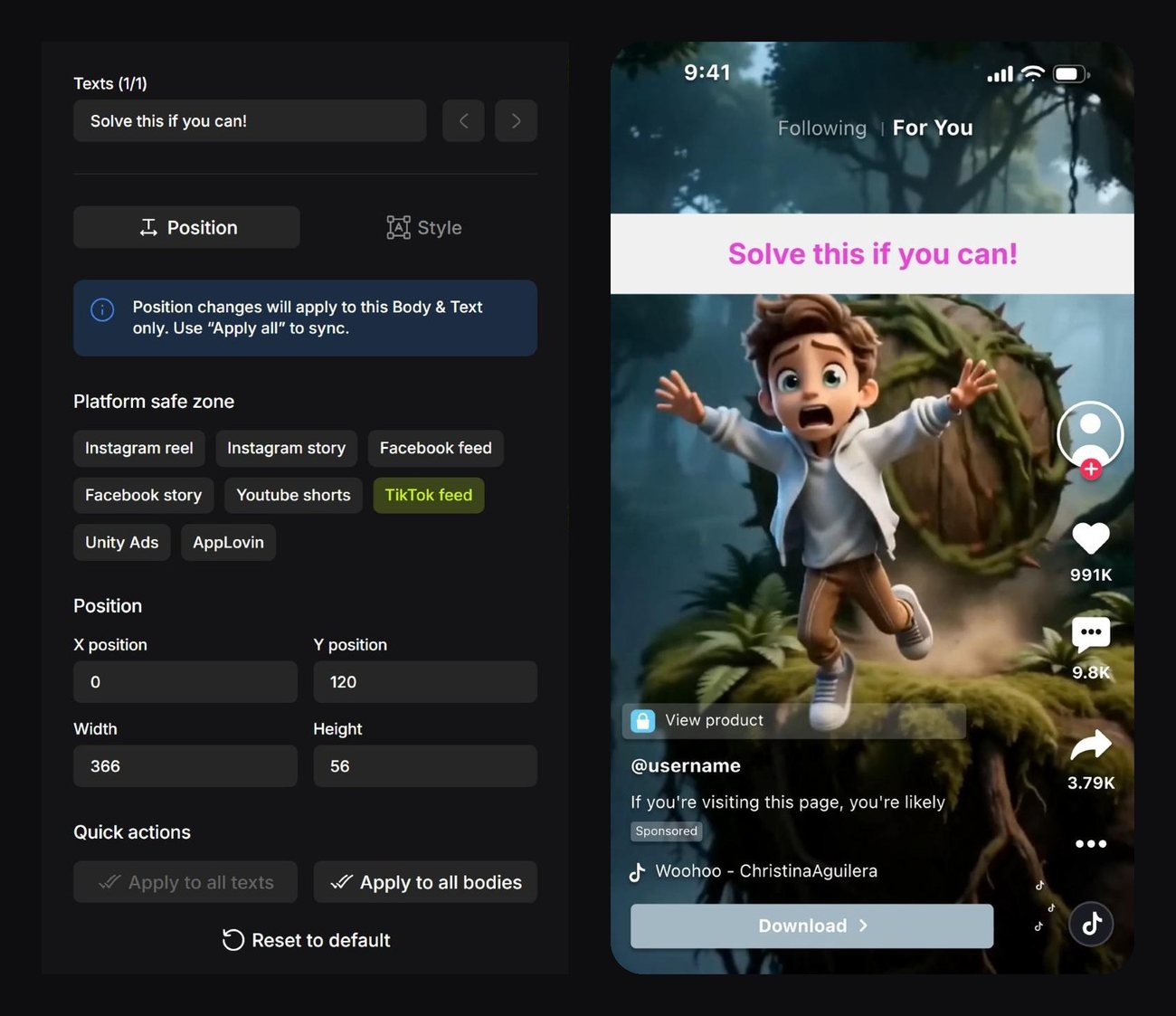 The Position tab with the platform chips and the TikTok feed overlay