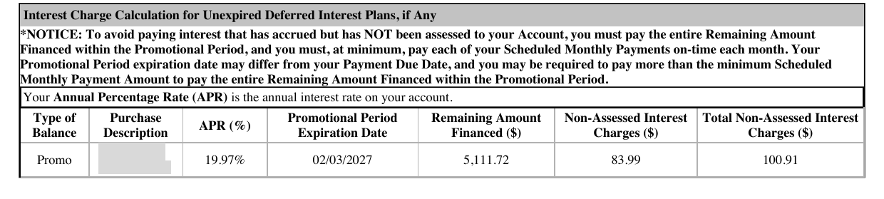 The Interest Charge Calculation for Unexpired Deferred Interest Plans panel, with columns for Type of Balance, Purchase Description, APR, Promotional Period Expiration Date, Remaining Amount Financed, Non-Assessed Interest Charges and Total Non-Assessed Interest Charges