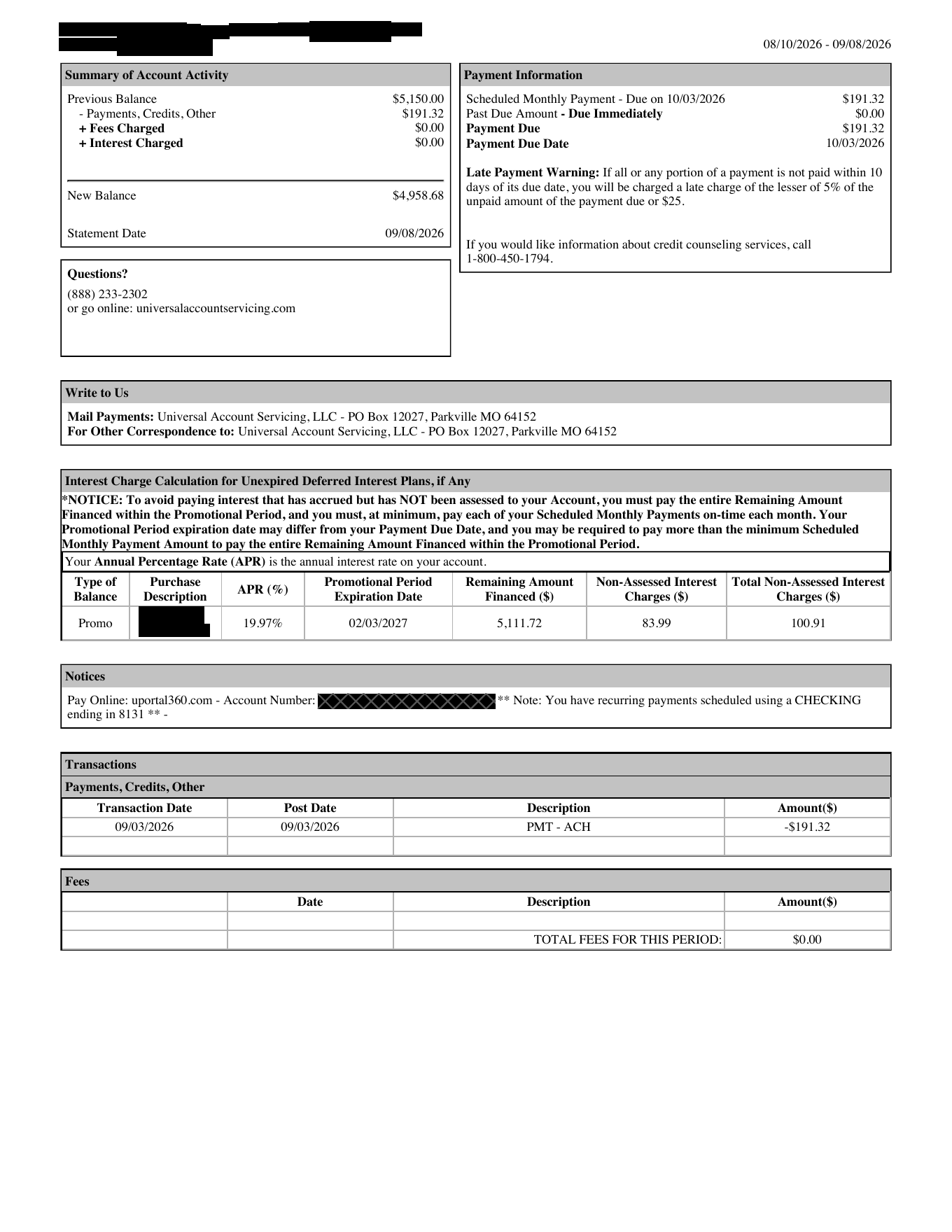 A full statement page showing the Summary of Account Activity, Payment Information, Write to Us, promotional interest, Notices, Transactions and Fees panels