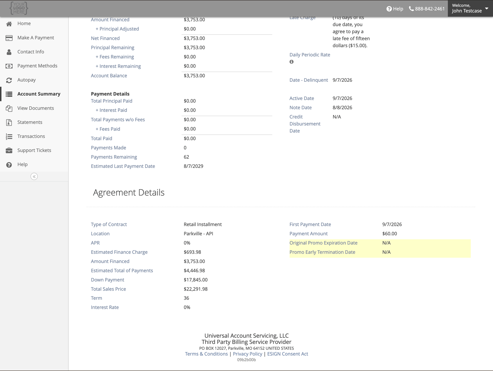 The Agreement Details section showing contract type, APR, finance charge, amount financed, total of payments, down payment, term and promotional dates