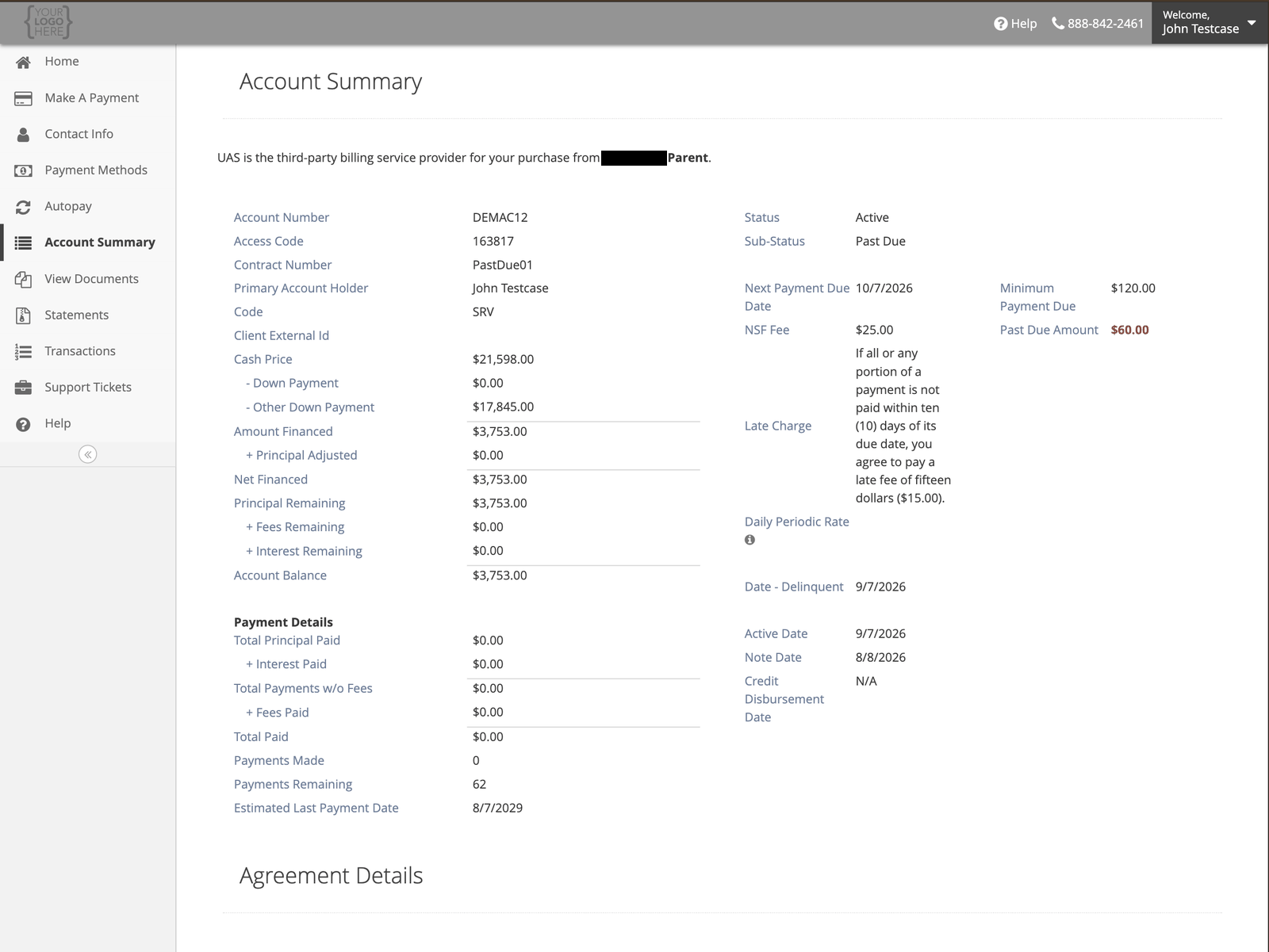 The Account Summary page showing account number, access code, contract number, balances, payment details and fee information