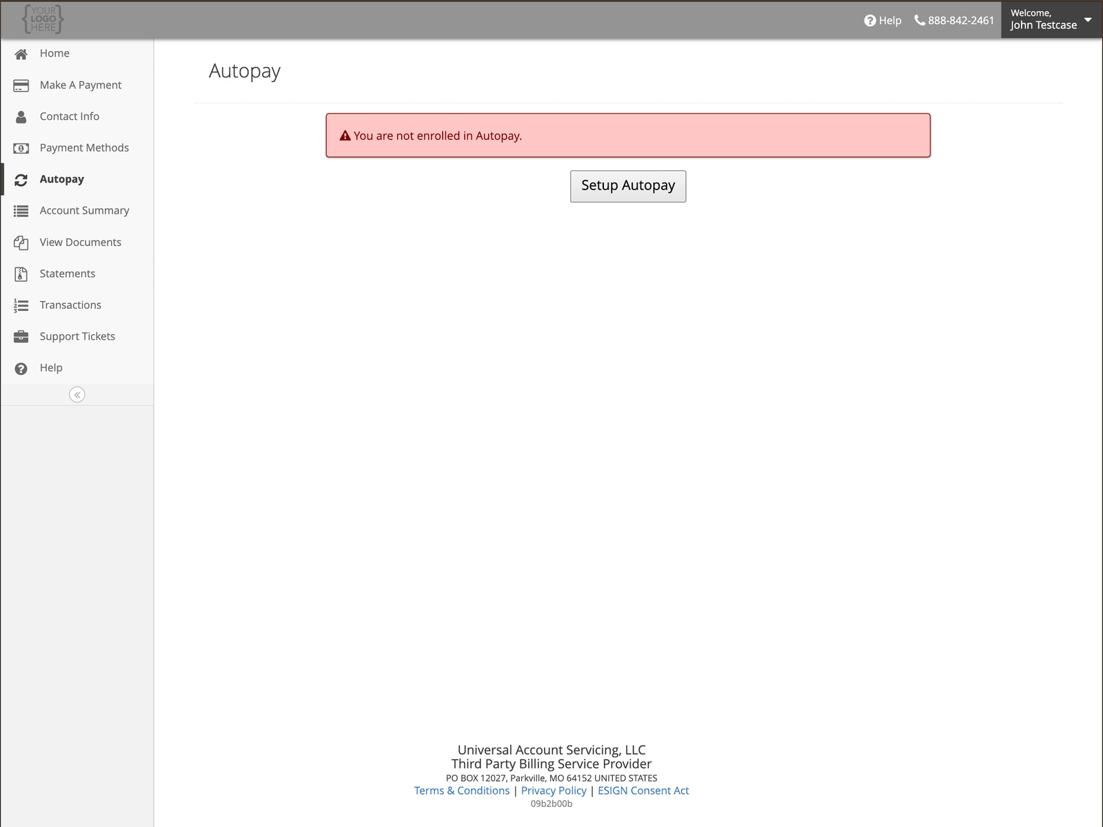 The Autopay page showing you are not enrolled, with a Setup Autopay button