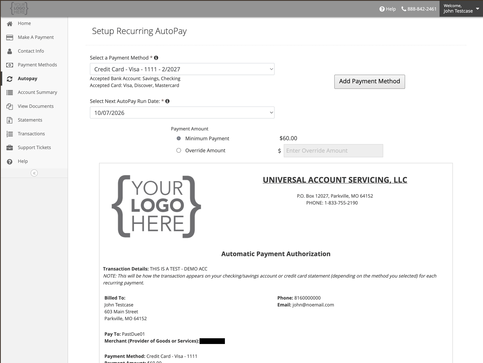 Setup Recurring AutoPay showing payment method, next run date, and the choice between Minimum Payment and Override Amount