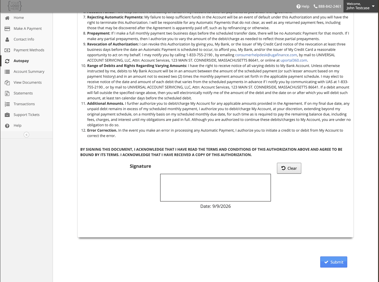 The AutoPay authorization terms with a signature box and Submit button