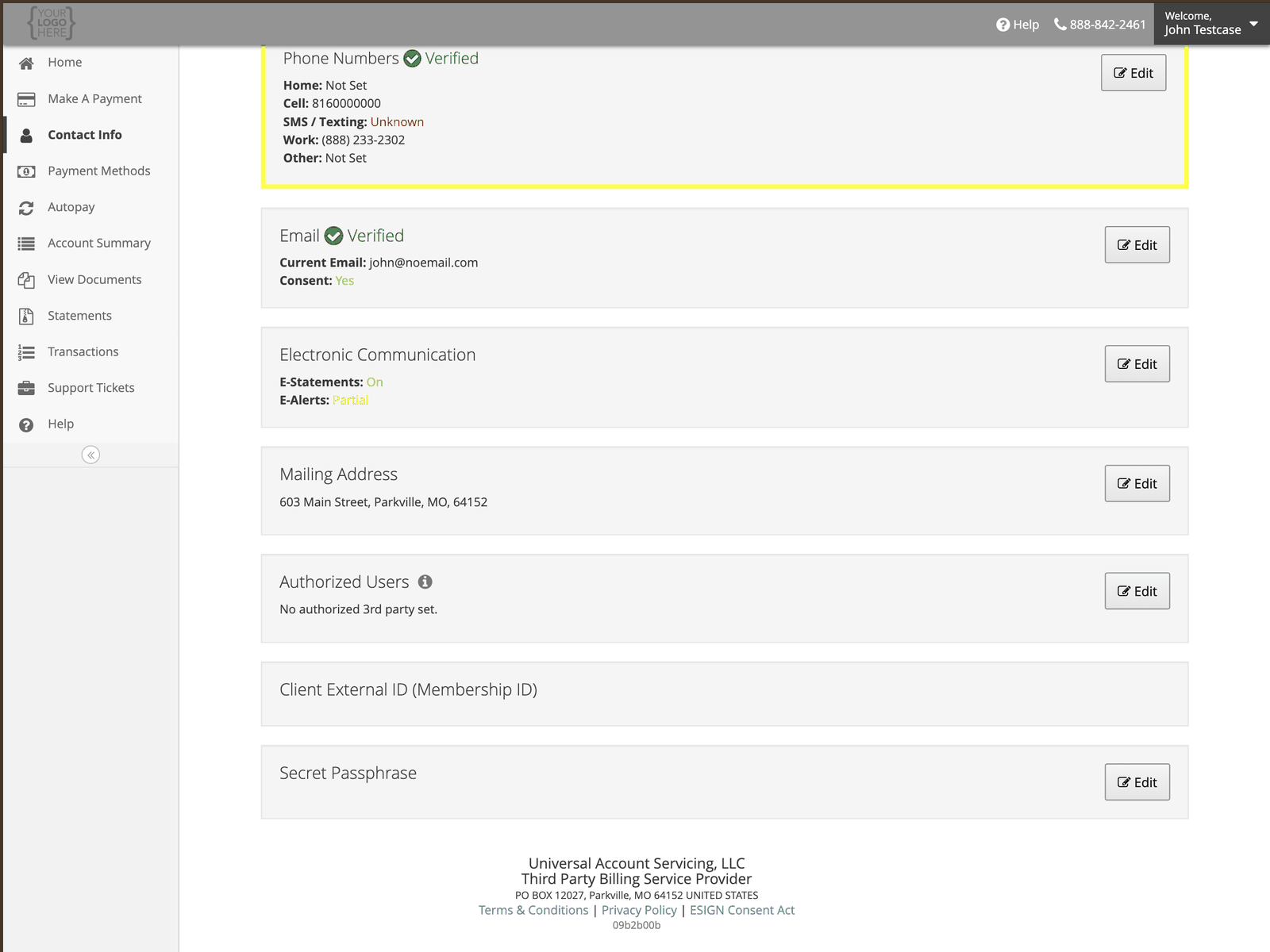 Lower part of the Contact Information page showing Authorized Users, Client External ID and Secret Passphrase sections
