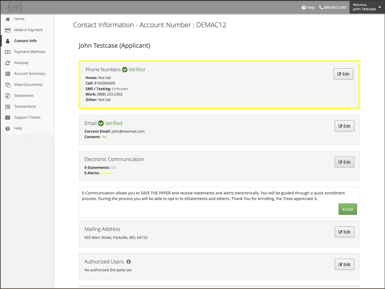 Electronic Communication section on the Contact Information page, with an Enroll button