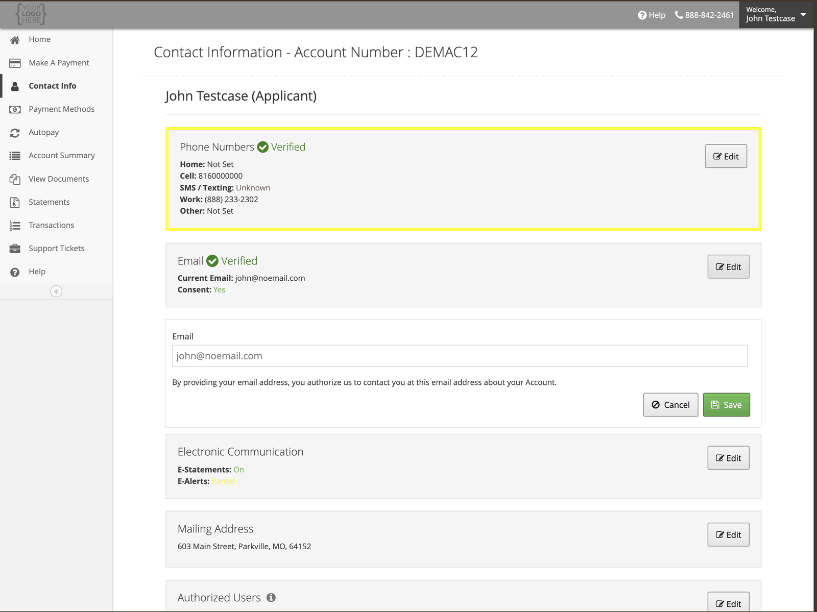 Editing the email address on file, with consent text below the field