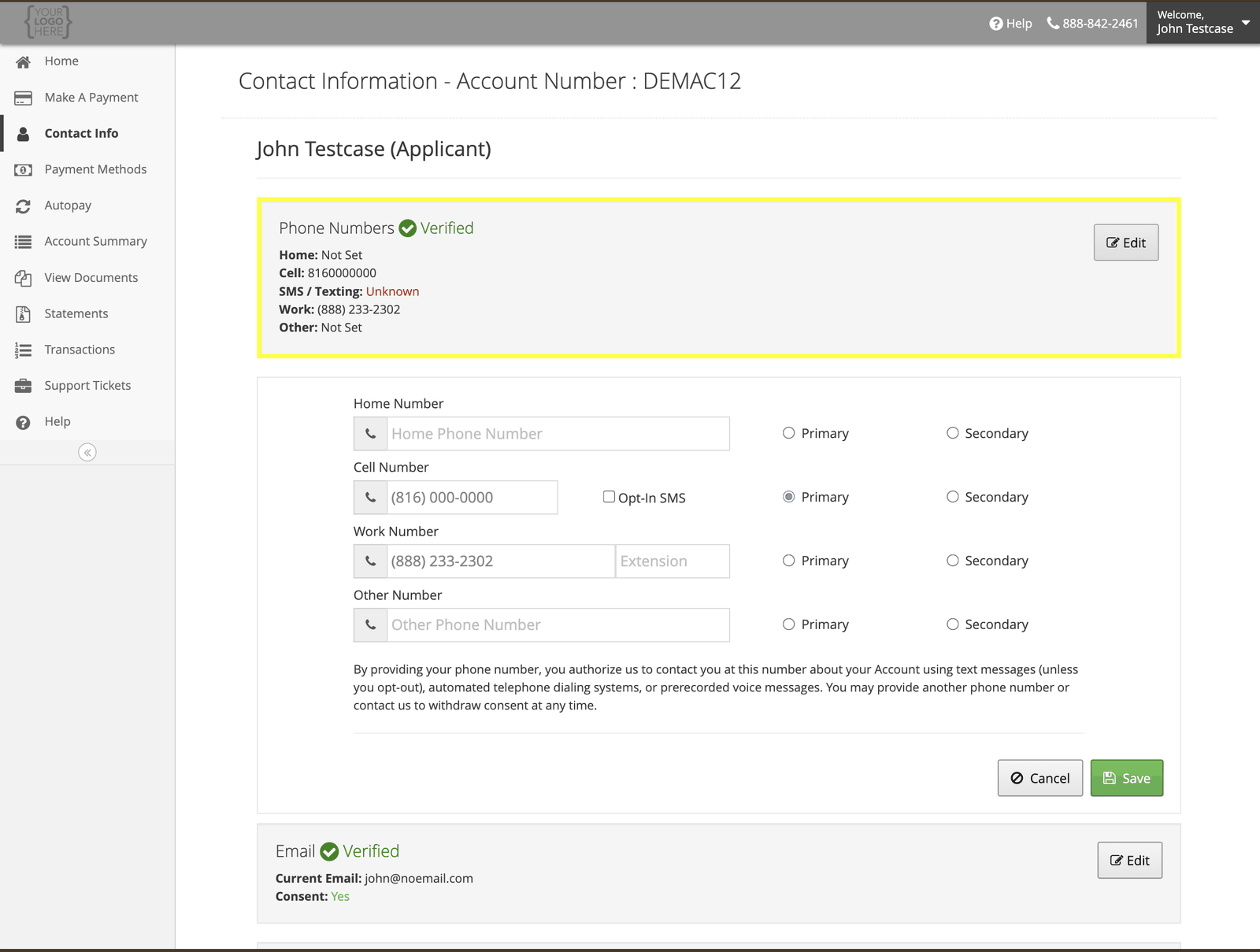 Editing phone numbers in uPortal360, showing the Opt-In SMS checkbox beside the cell number field