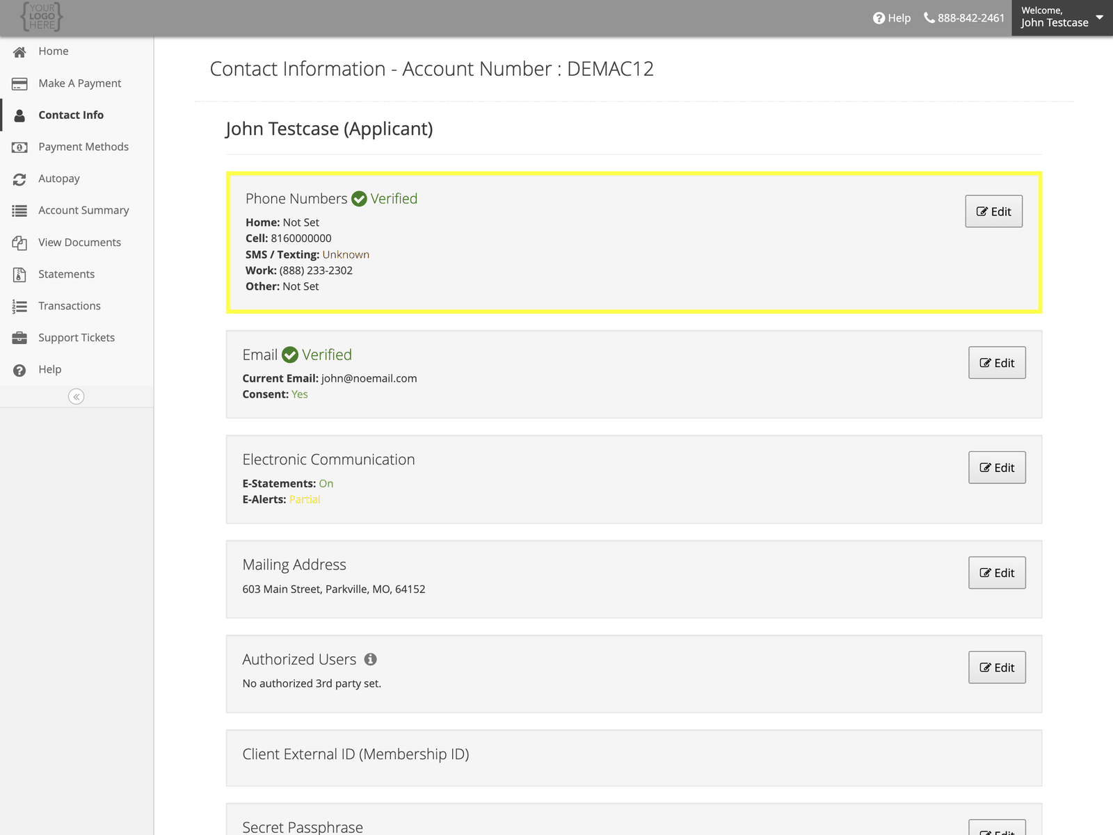 Contact Information page showing sections for phone numbers, email, electronic communication, mailing address, authorized users and secret passphrase, each with an Edit button