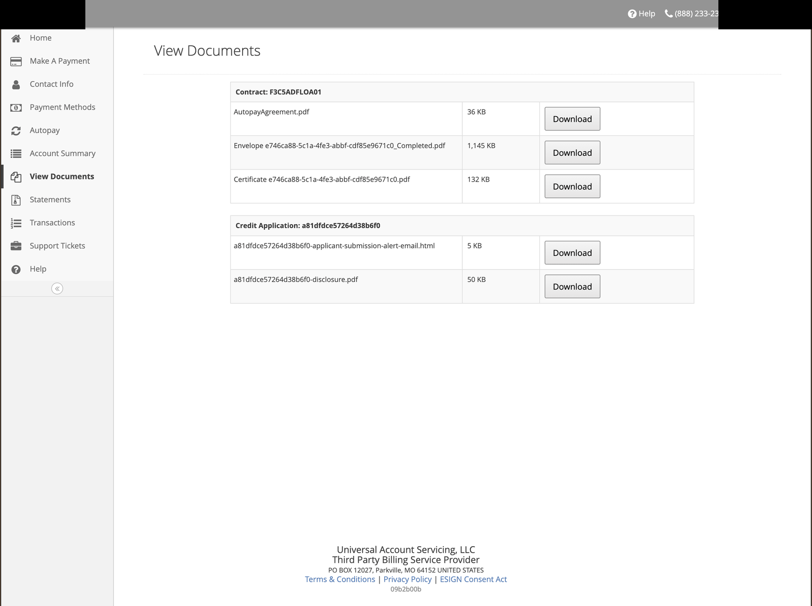 The View Documents page listing contract documents, an AutoPay agreement, a completed signing envelope and certificate, and a credit application disclosure