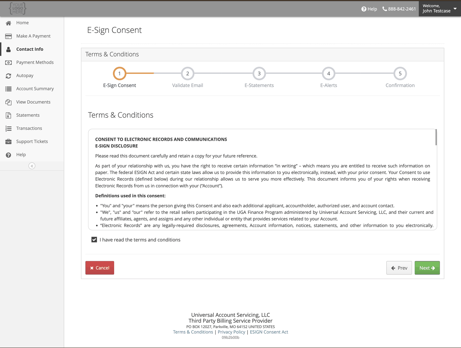 Step one of the E-Sign consent flow, showing the consent to electronic records disclosure with a checkbox to confirm you have read the terms
