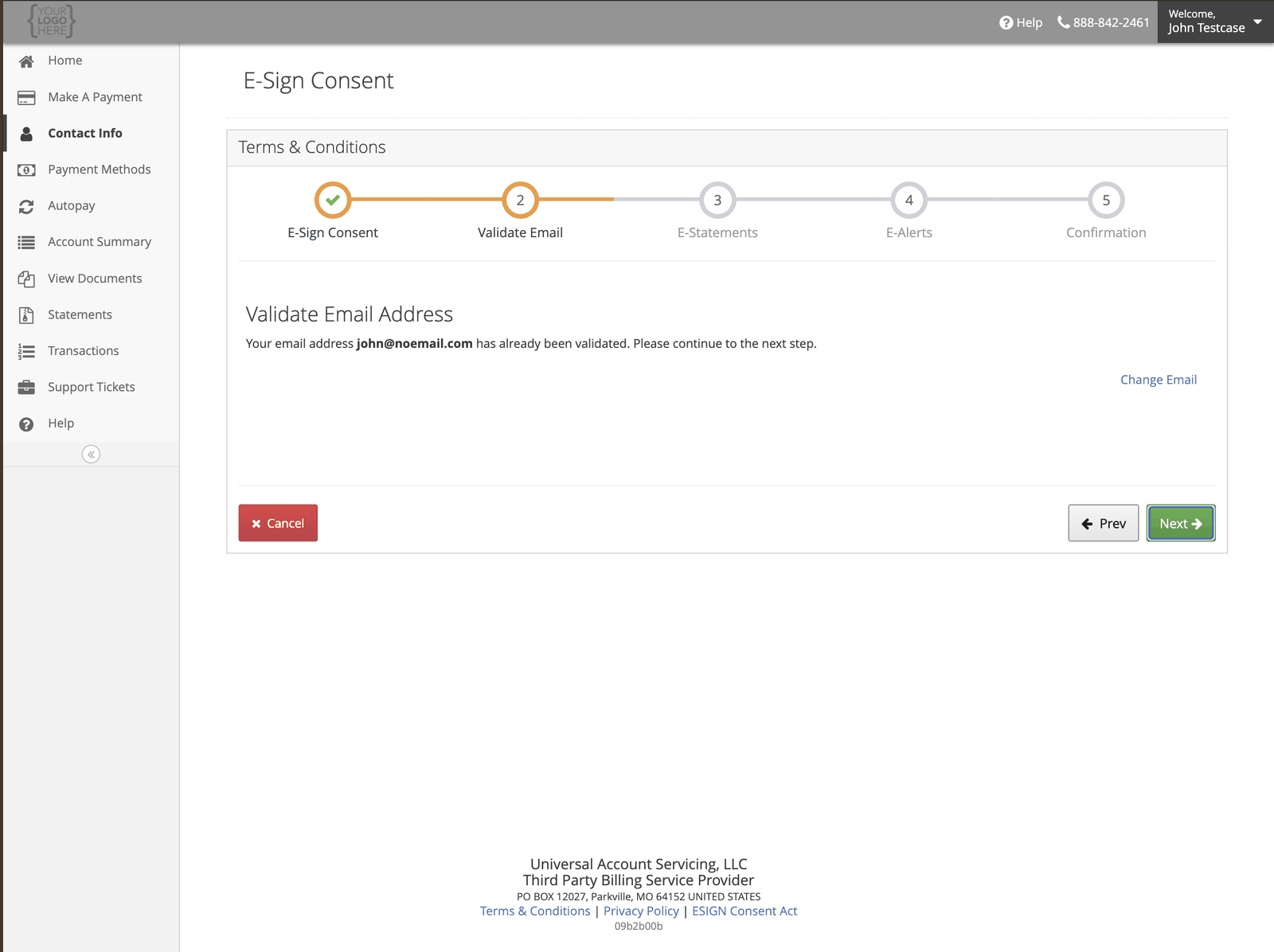 Step two of the E-Sign consent flow, confirming the email address on file has been validated