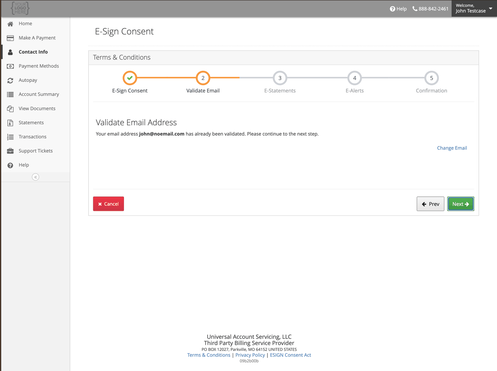 Step two of the E-Sign consent flow, confirming the email address on file has been validated