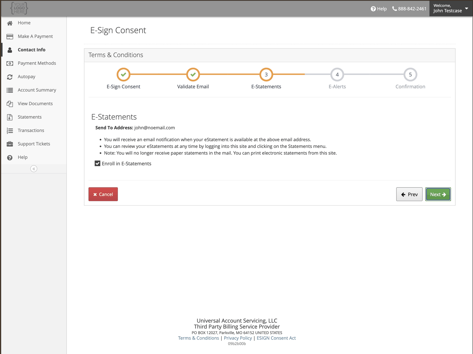 Step three of the E-Sign consent flow, enrolling in electronic statements