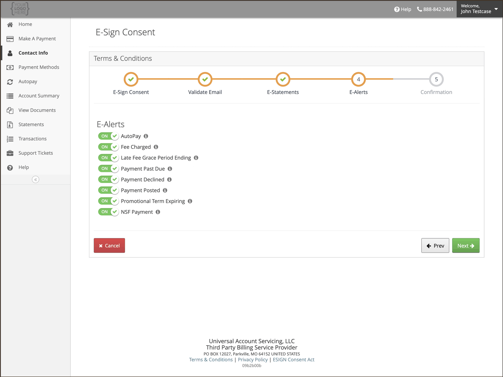 Step four of the E-Sign consent flow, showing all eight e-alerts switched on