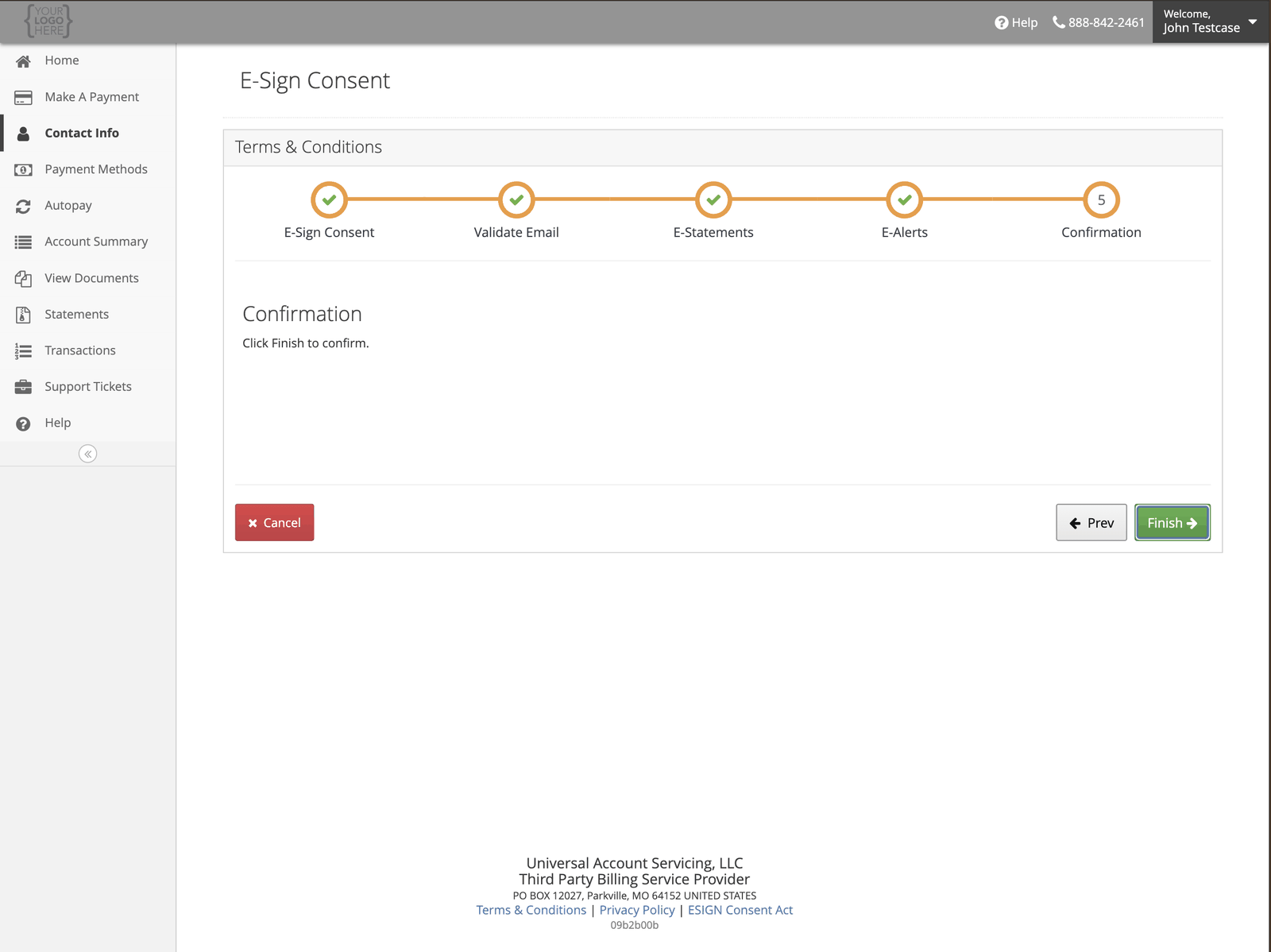 The final confirmation step of the E-Sign consent flow, with a Finish button