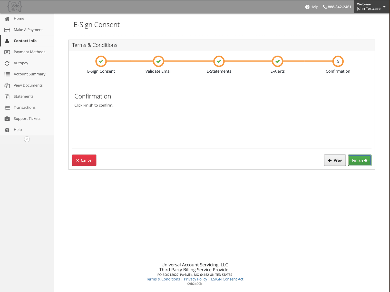 The final confirmation step of the E-Sign consent flow, with a Finish button