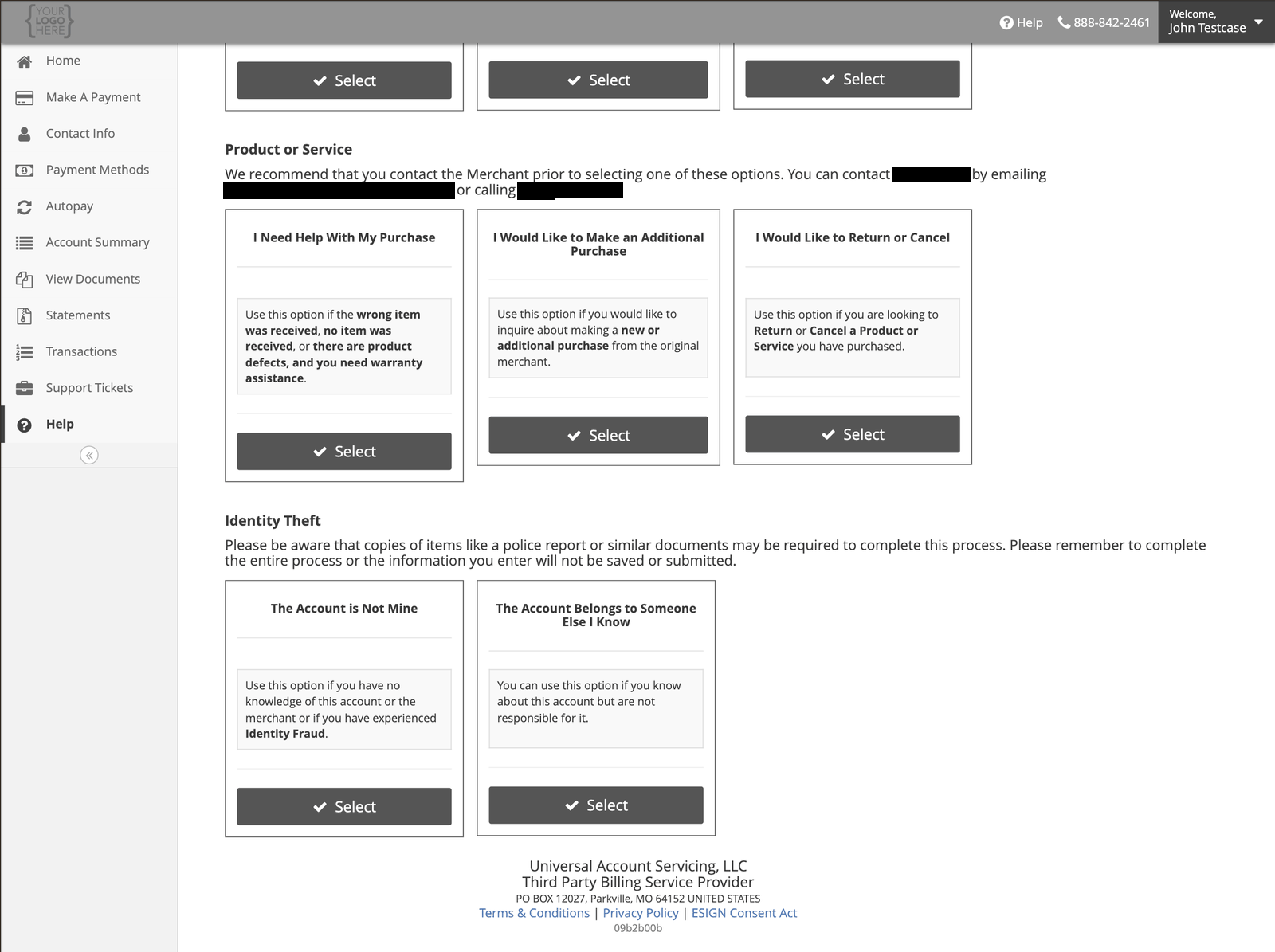 The Identity Theft inquiry options, offering The Account is Not Mine and The Account Belongs to Someone Else I Know