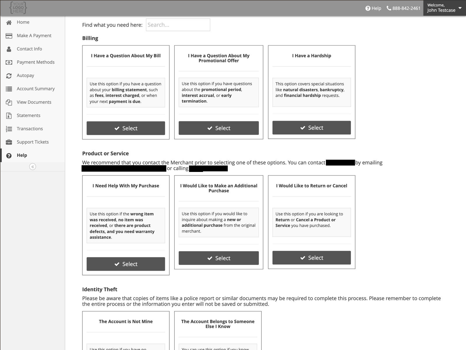 Inquiry categories grouped under Billing, Product or Service, and Identity Theft